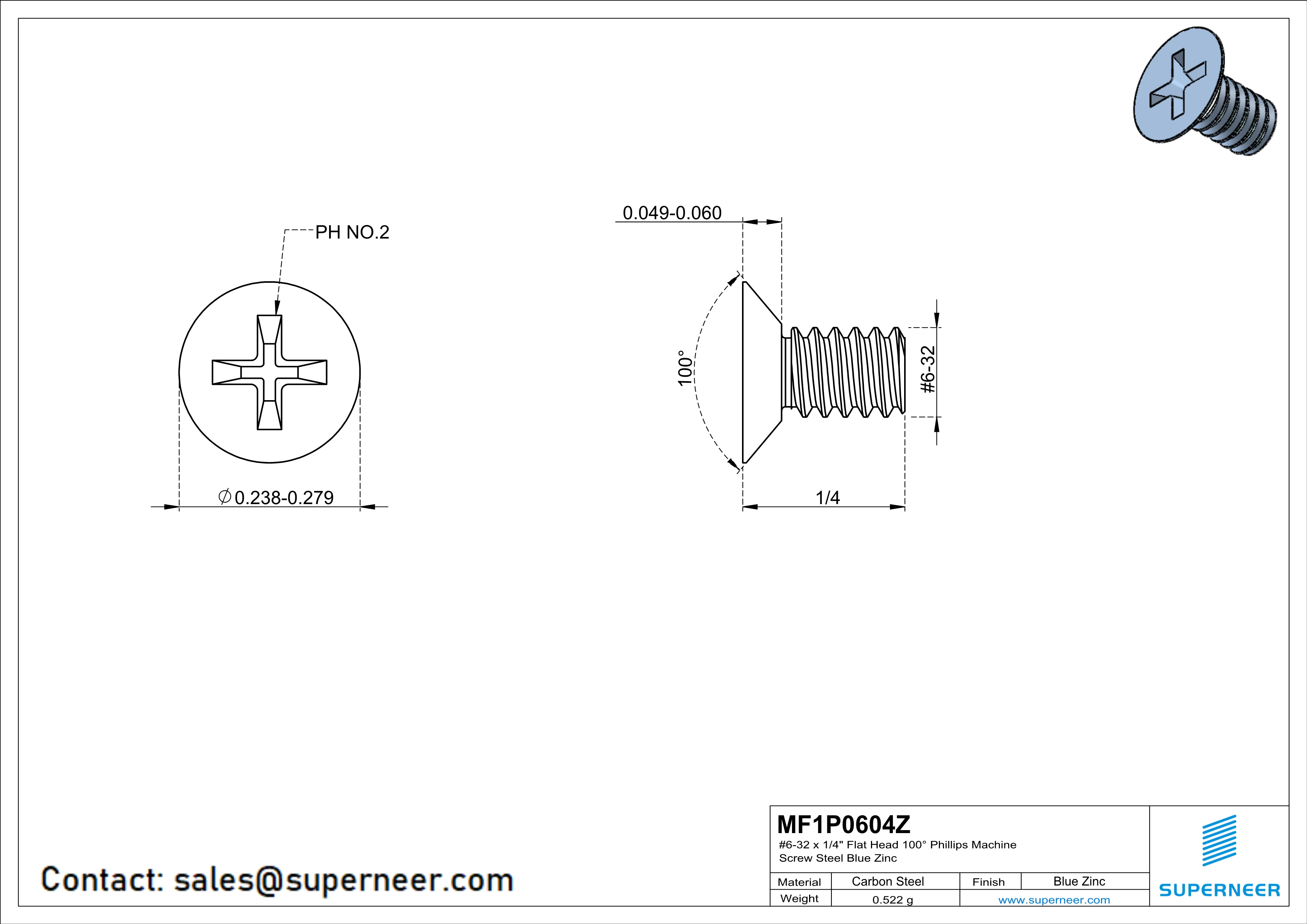 6-32 x 1/4" Flat Head 100° Phillips Machine Screw Steel Blue Zinc Plated