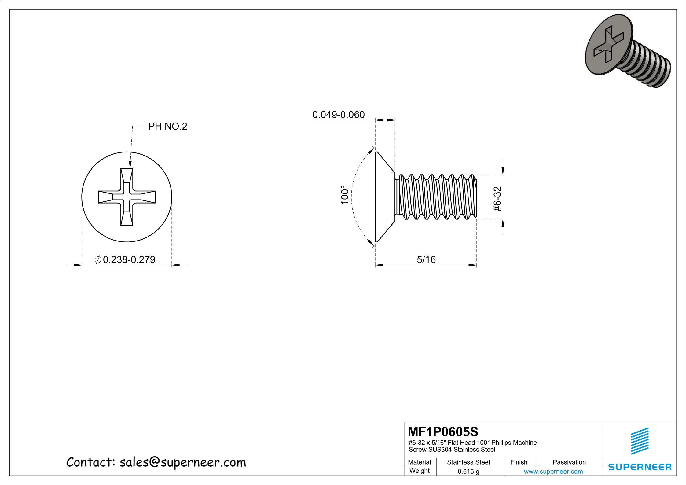 6-32 x 5/16" Flat Head 100° Phillips Machine Screw SUS304 Stainless Steel Inox