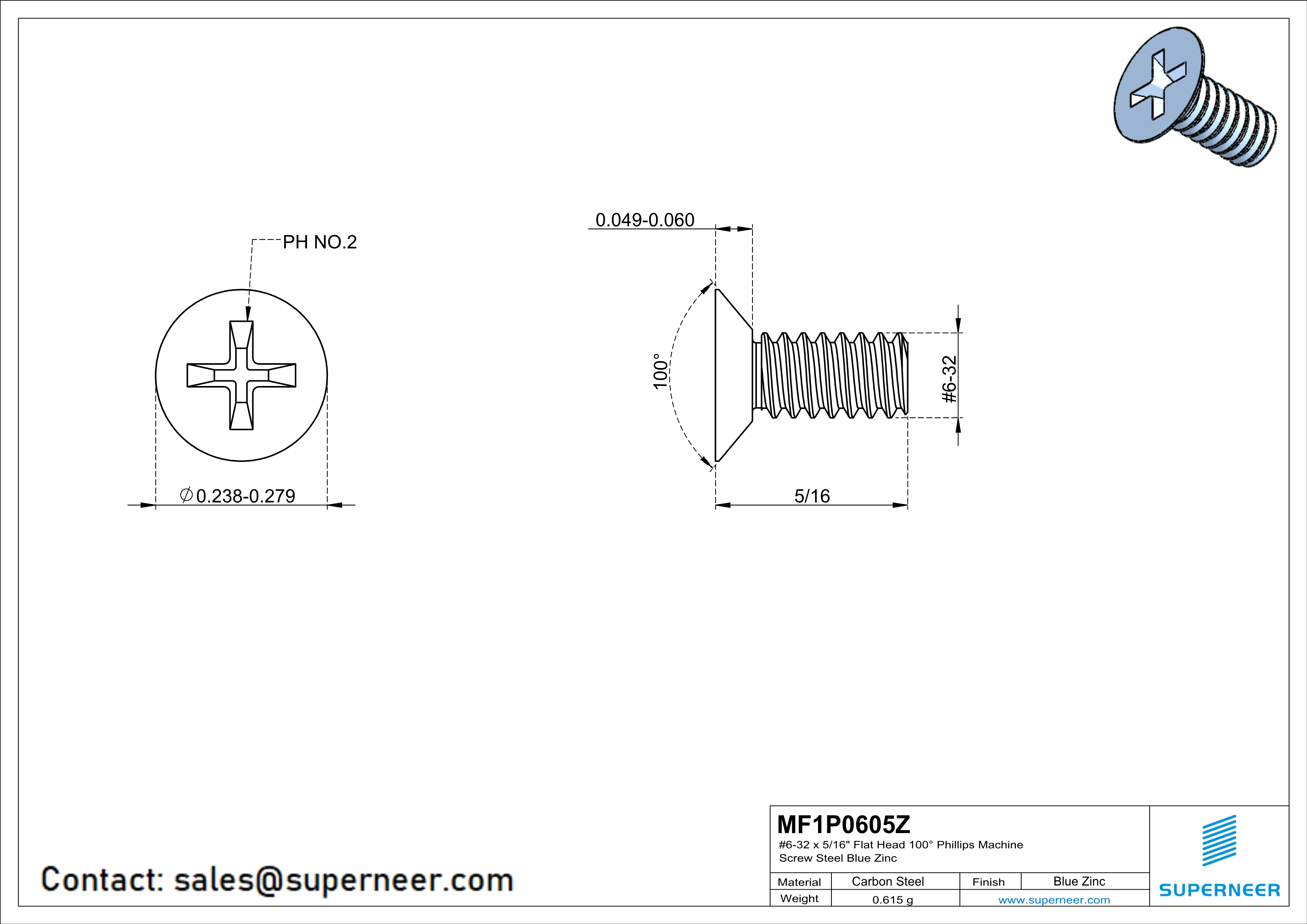 6-32 x 5/16" Flat Head 100° Phillips Machine Screw Steel Blue Zinc Plated