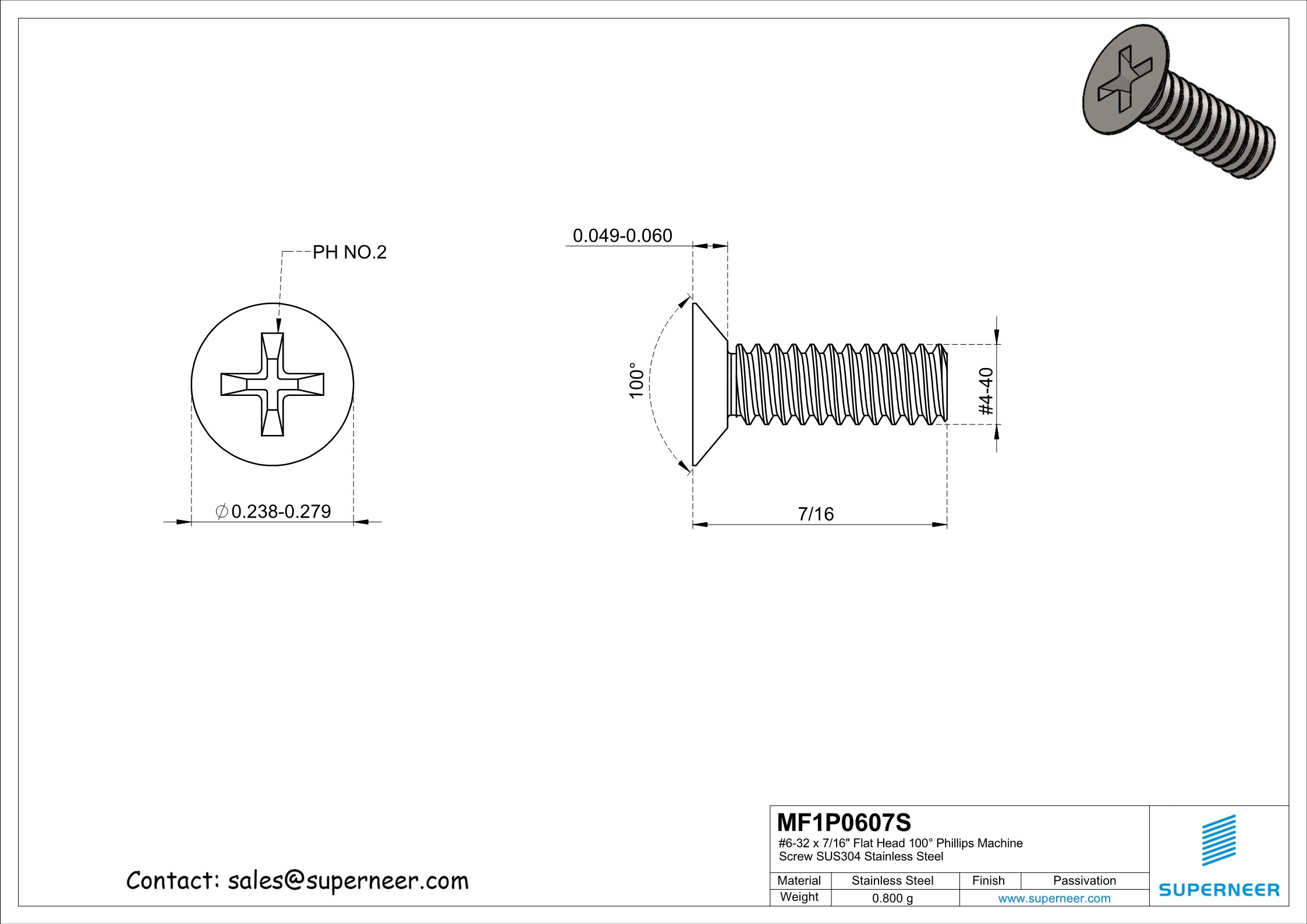 6-32 x 7/16"  Flat Head 100° Phillips Machine Screw SUS304 Stainless Steel Inox