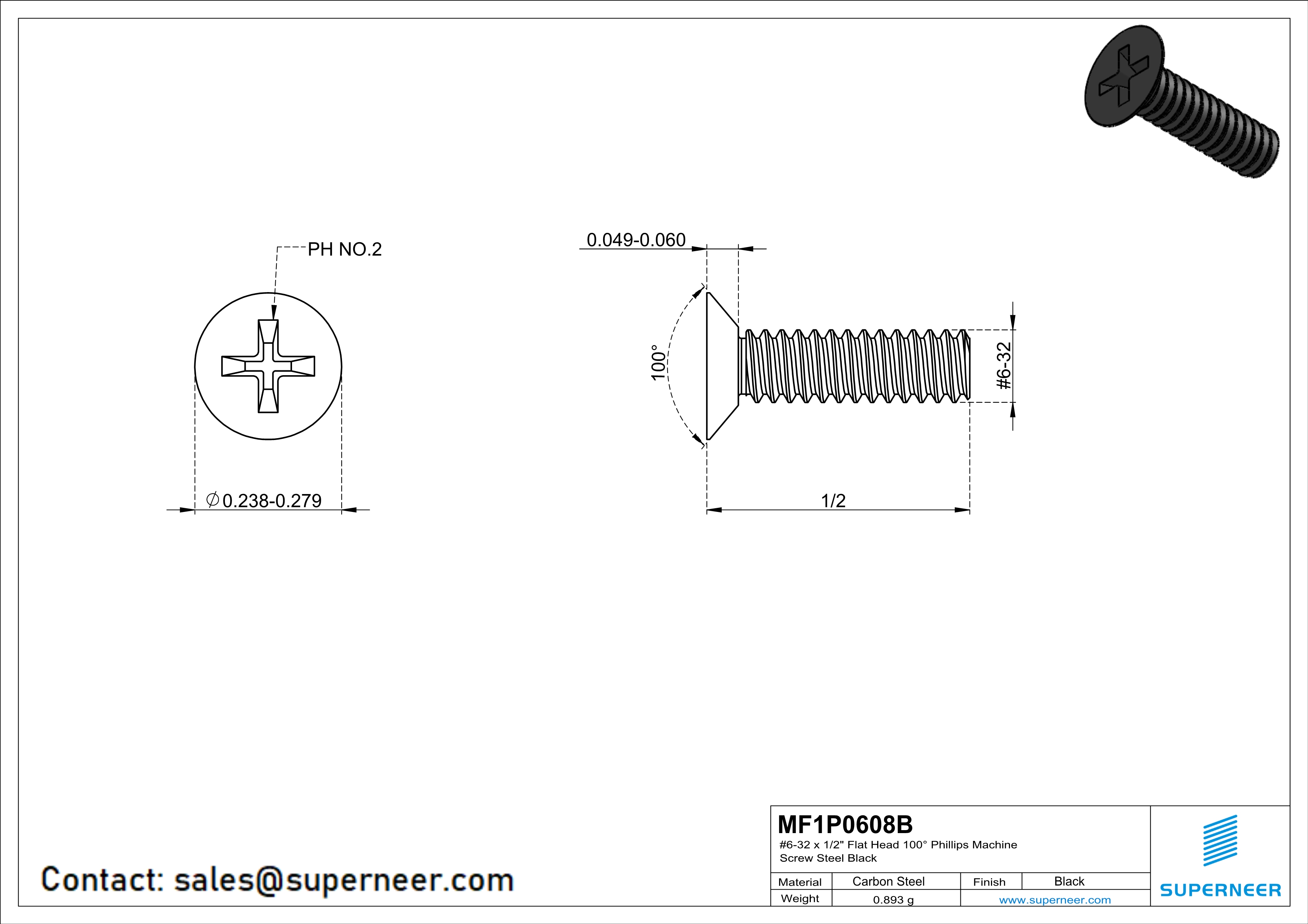 6-32 x 1/2" Flat Head 100° Phillips Machine Screw Steel Black