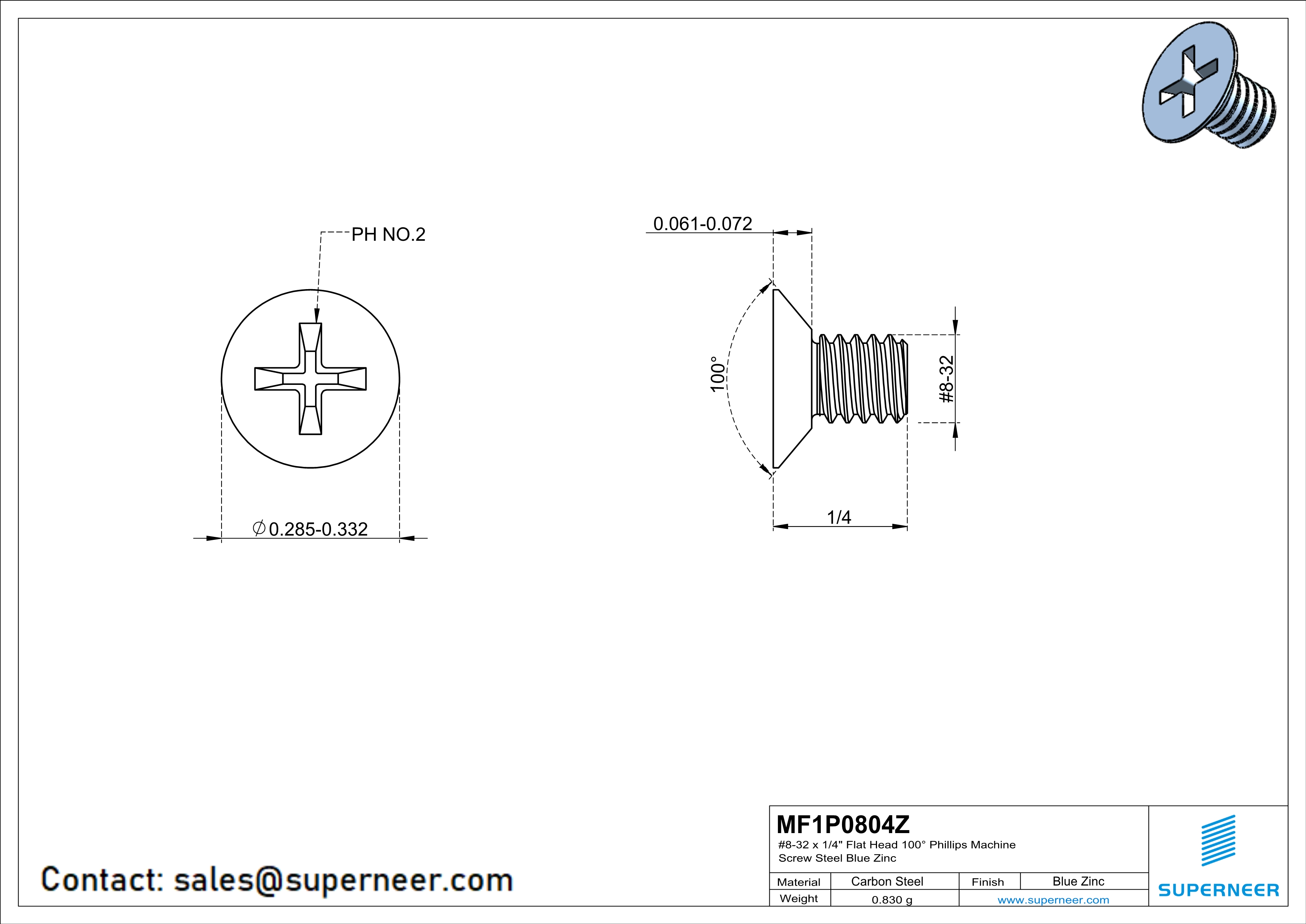8-32 x 1/4" Flat Head 100° Phillips Machine Screw Steel Blue Zinc Plated