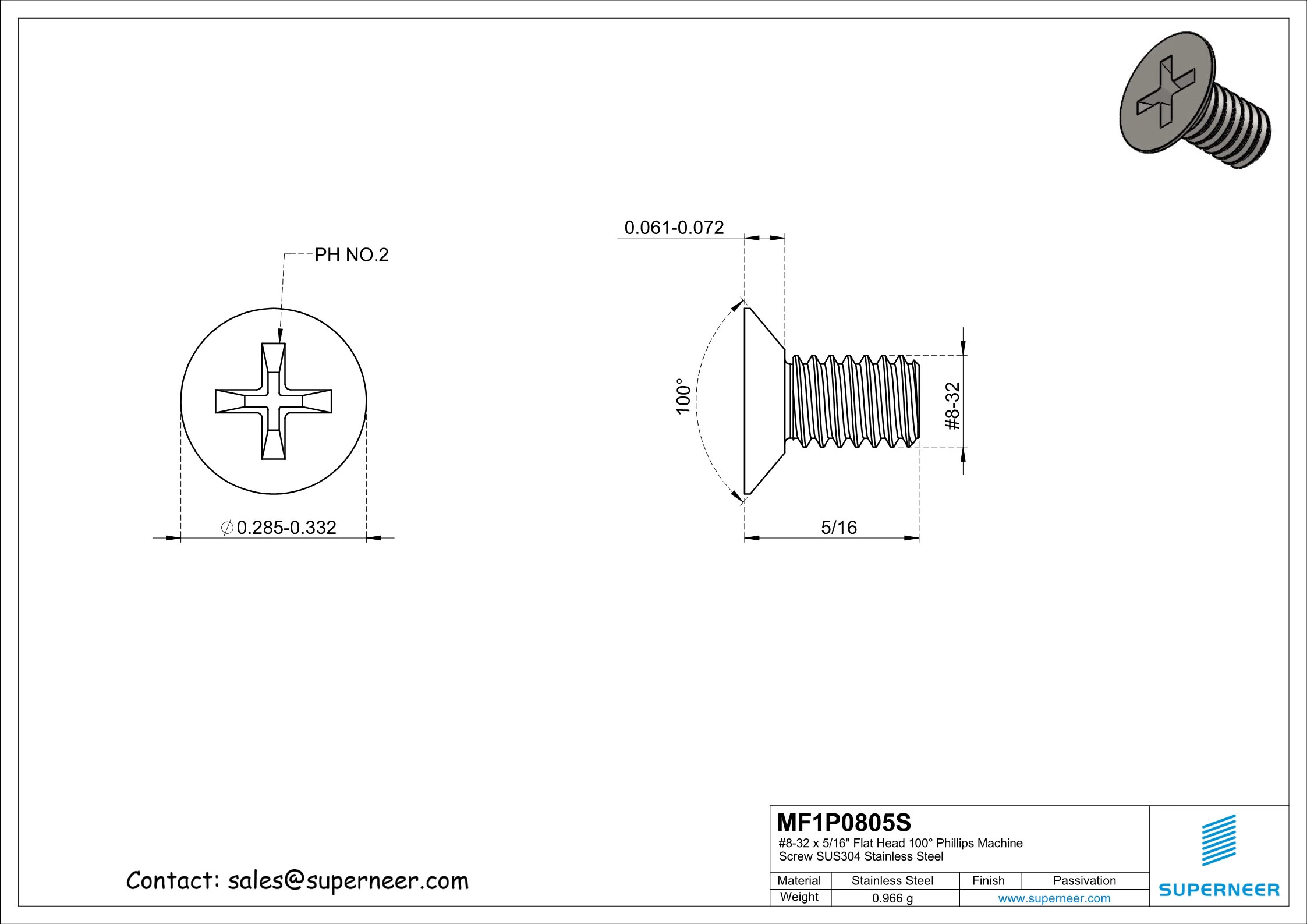 8-32 x 5/16" Flat Head 100° Phillips Machine Screw SUS304 Stainless Steel Inox