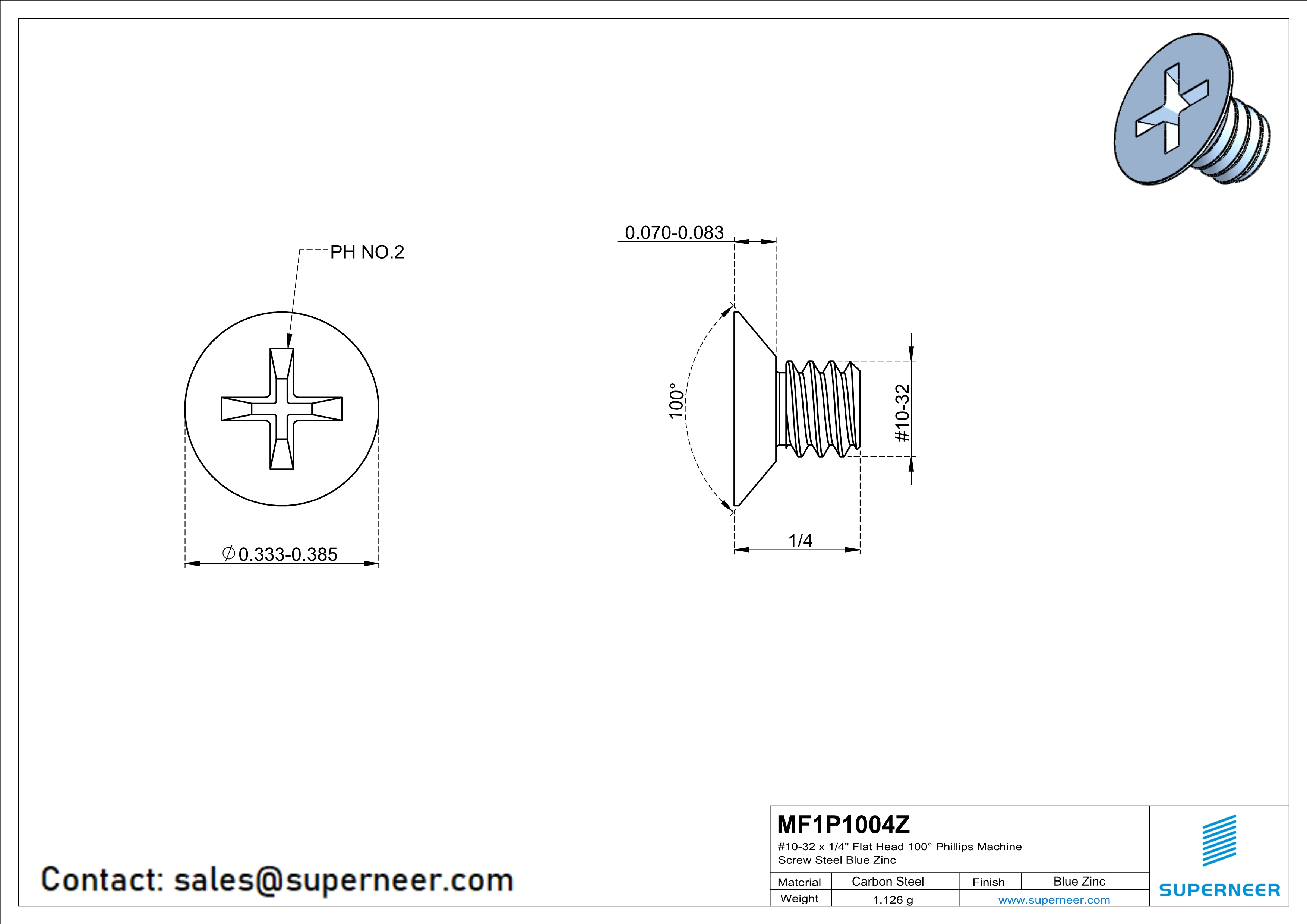 10-32 x 1/4" Flat Head 100° Phillips Machine Screw Steel Blue Zinc Plated