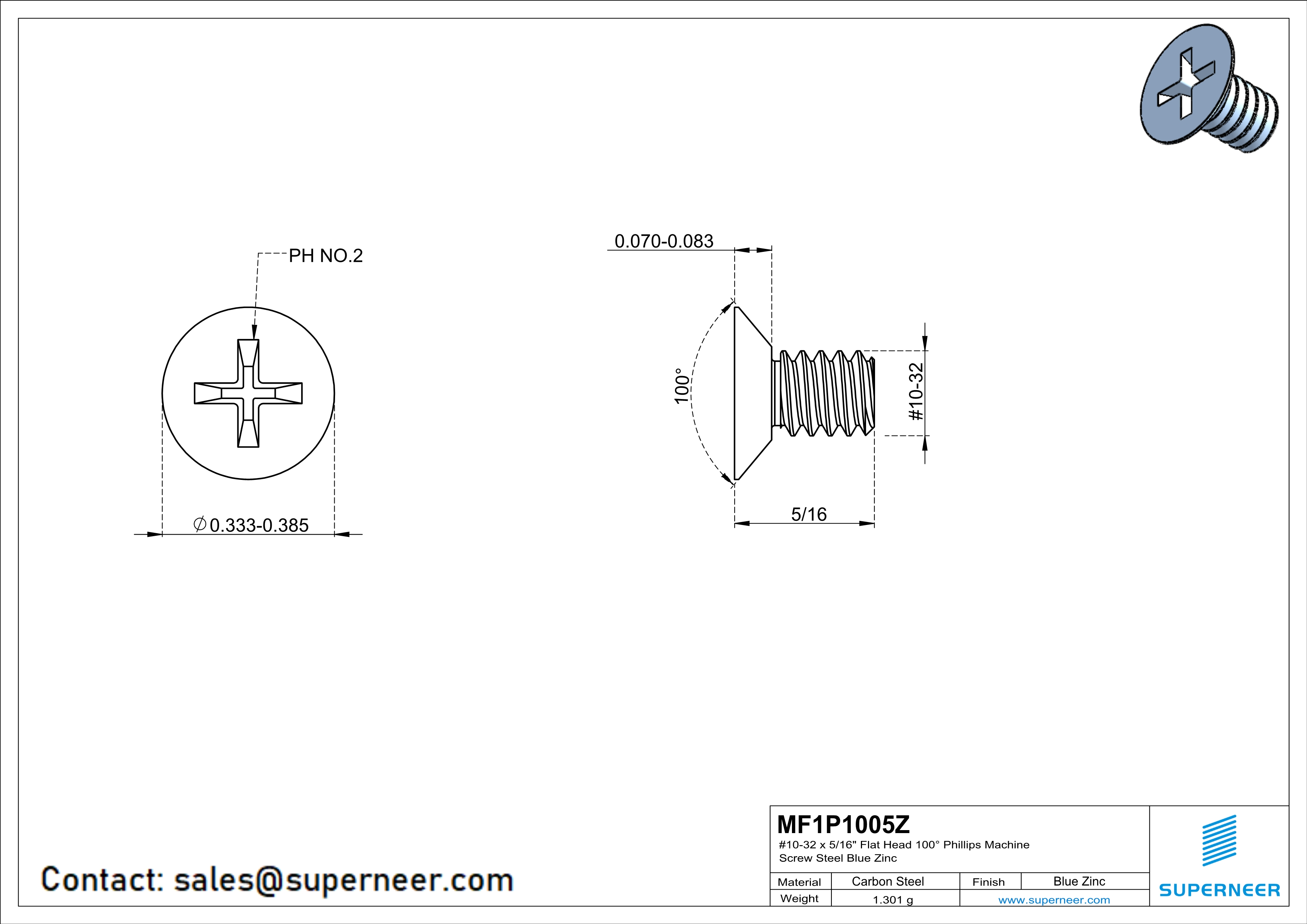 10-32 x 5/16" Flat Head 100° Phillips Machine Screw Steel Blue Zinc Plated