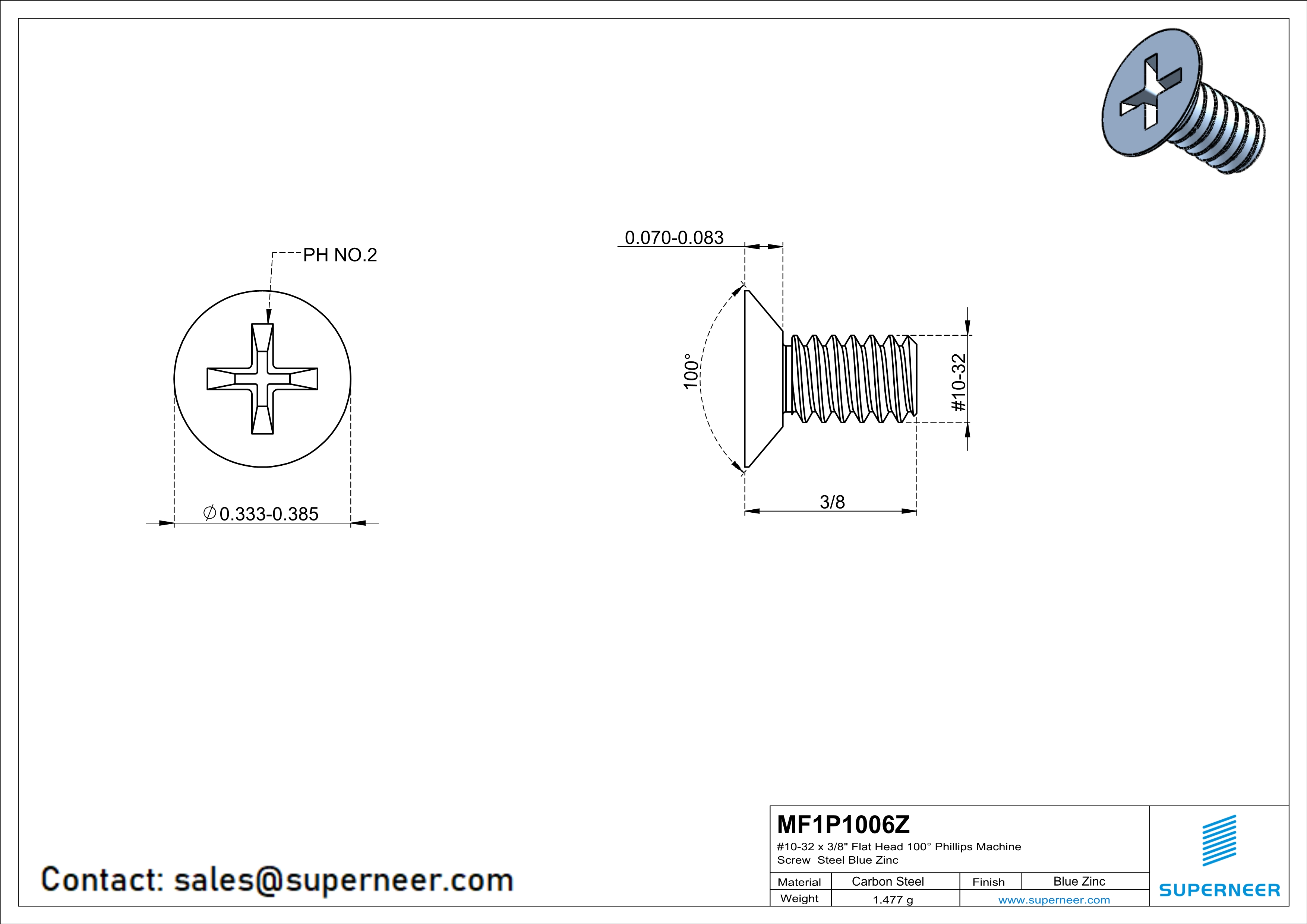 10-32 x 3/8" Flat Head 100° Phillips Machine Screw Steel Blue Zinc Plated