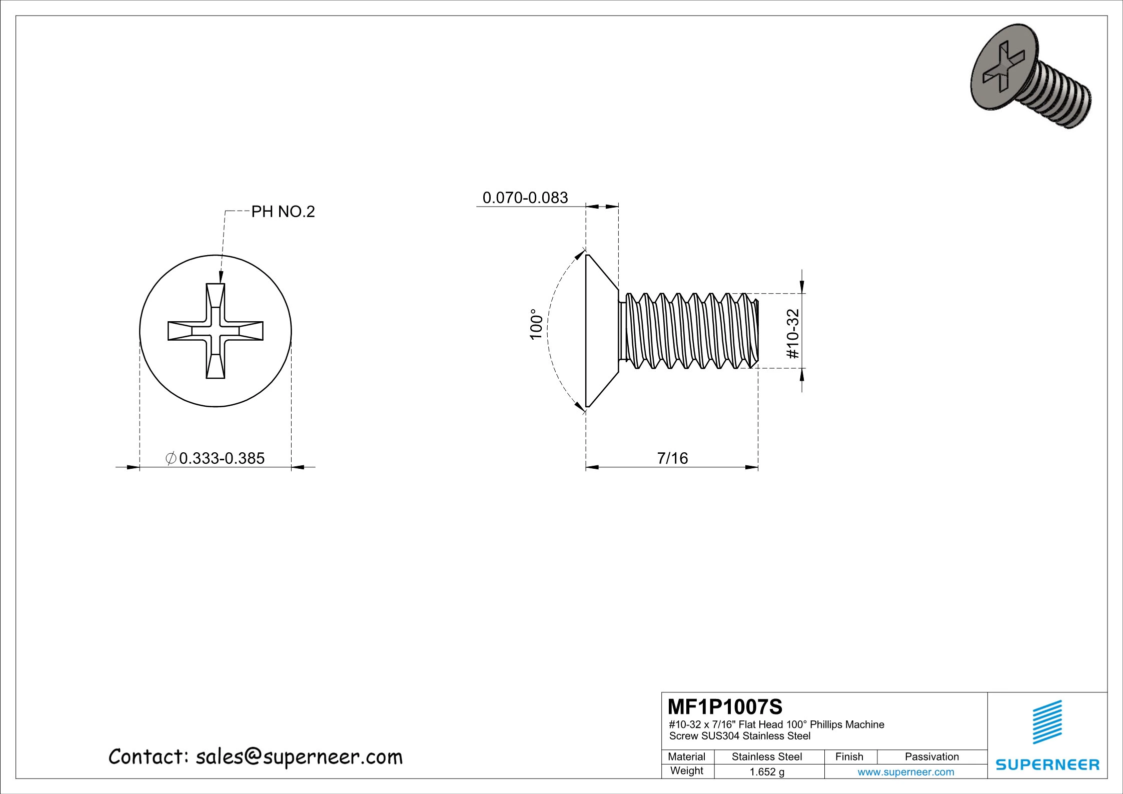 10-32 x 7/16" Flat Head 100° Phillips Machine Screw SUS304 Stainless Steel Inox