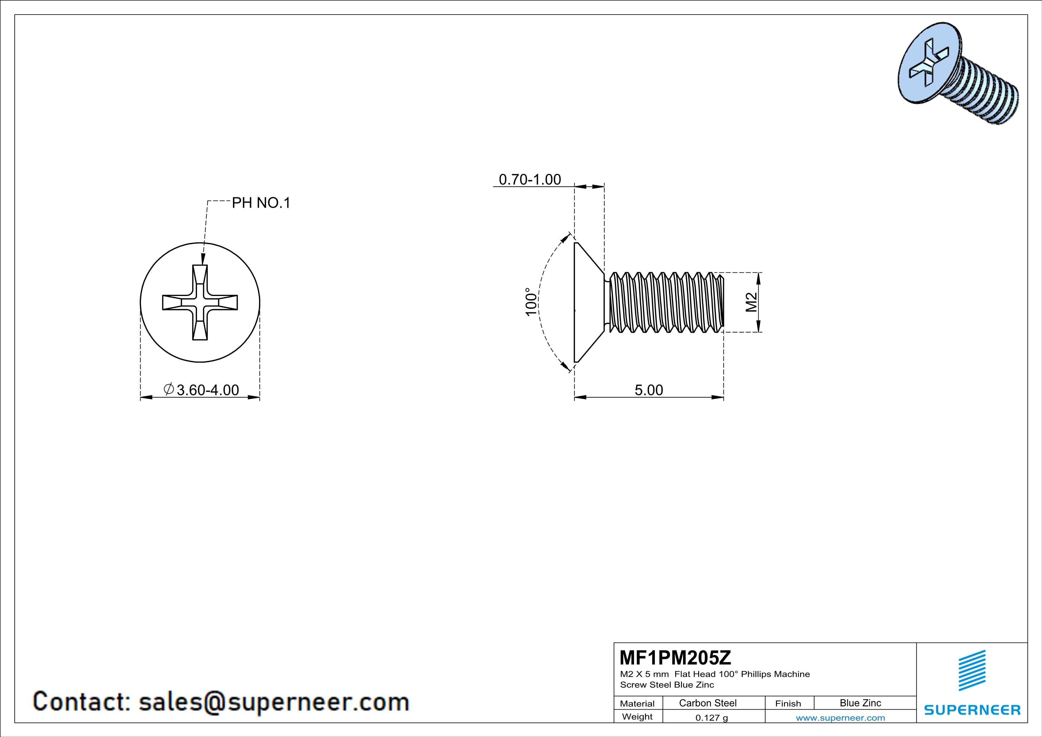 M2 x 5 mm Flat Head 100° Phillips Machine Screw Steel Blue Zinc Plated