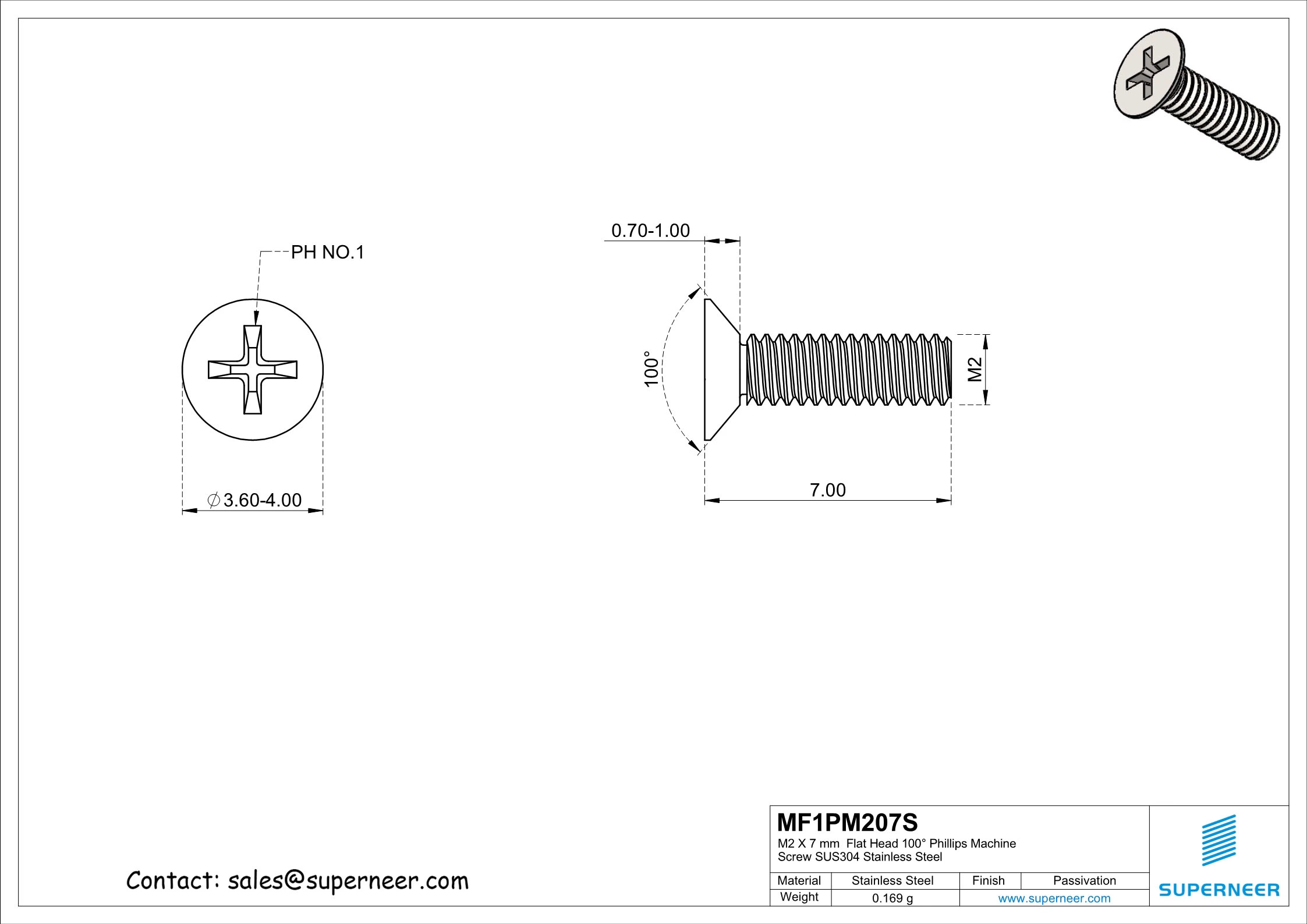 M2 x 7 mm  Flat Head 100° Phillips Machine Screw SUS304 Stainless Steel Inox