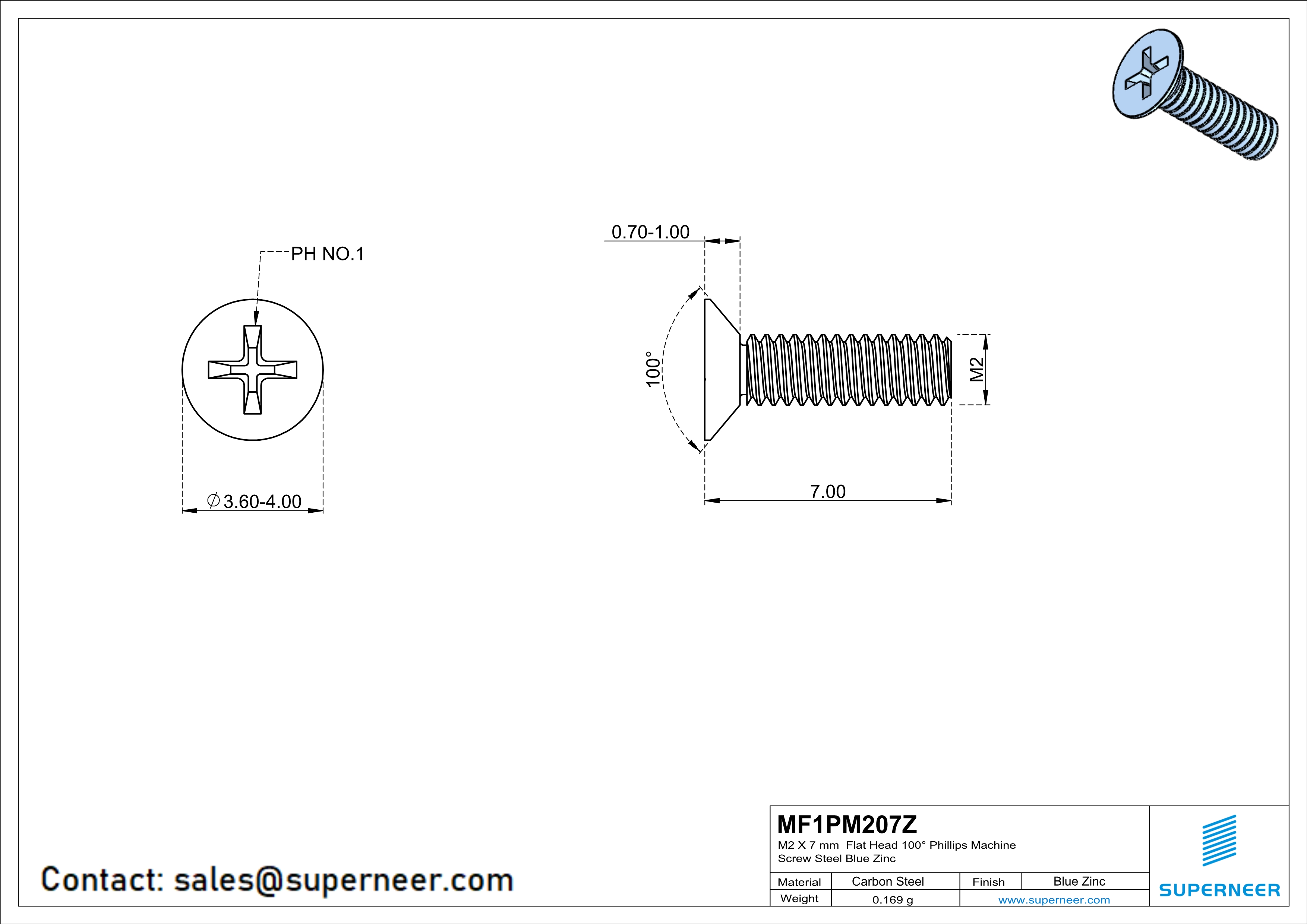 M2 x 7 mm Flat Head 100° Phillips Machine Screw Steel Blue Zinc Plated