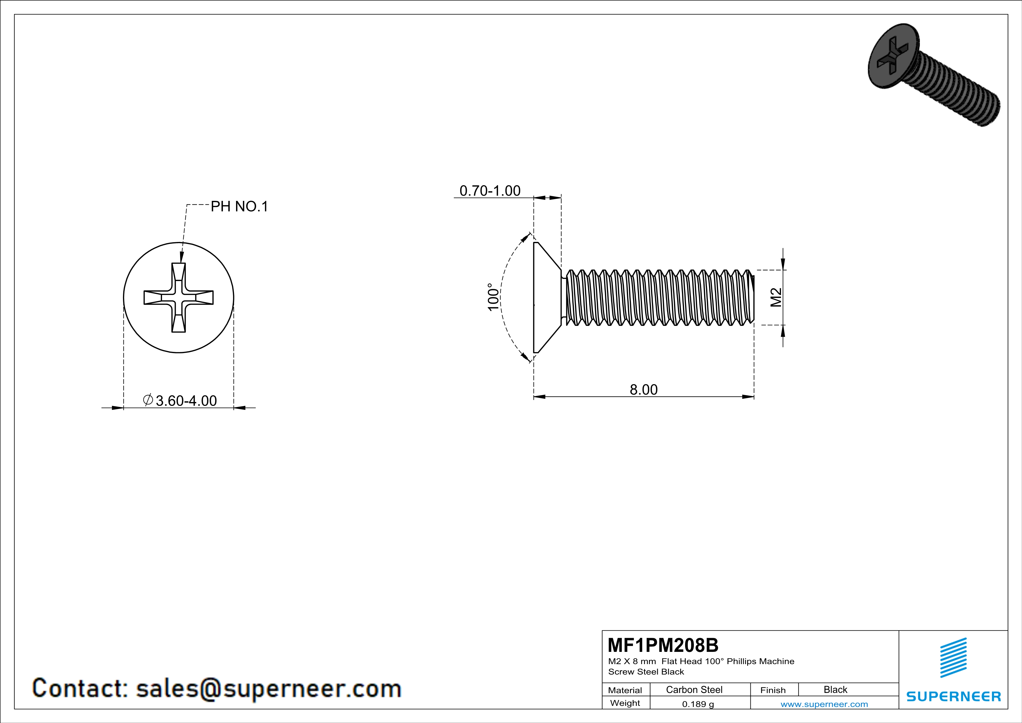 M2 x 8 mm Flat Head 100° Phillips Machine Screw Steel Black