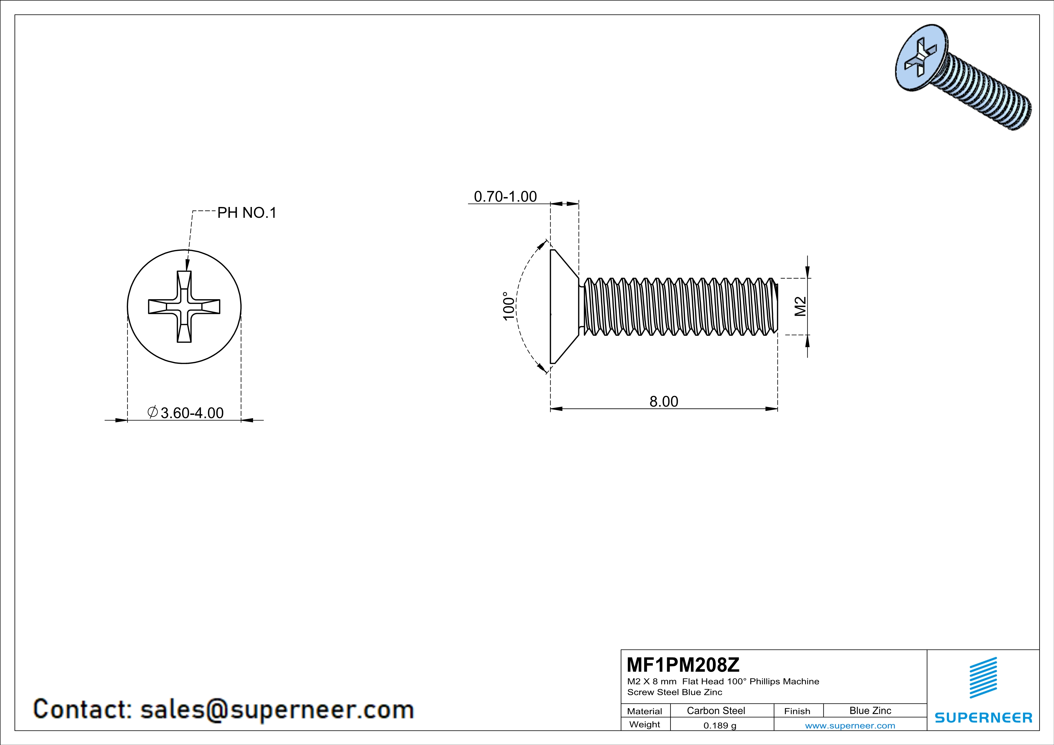 M2 x 8 mm Flat Head 100° Phillips Machine Screw Steel Blue Zinc Plated