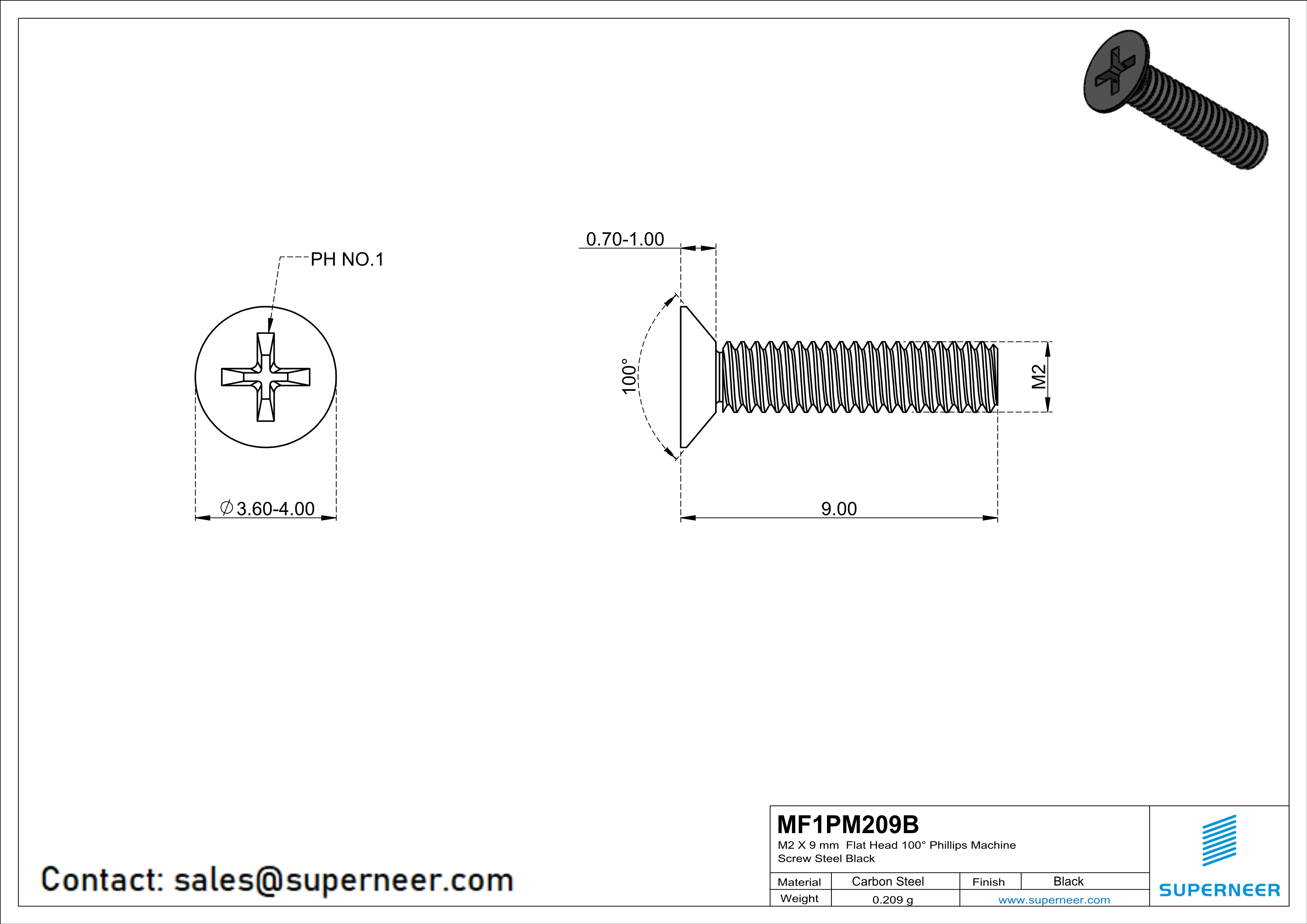 M2 x 9 mm Flat Head 100° Phillips Machine Screw Steel Black