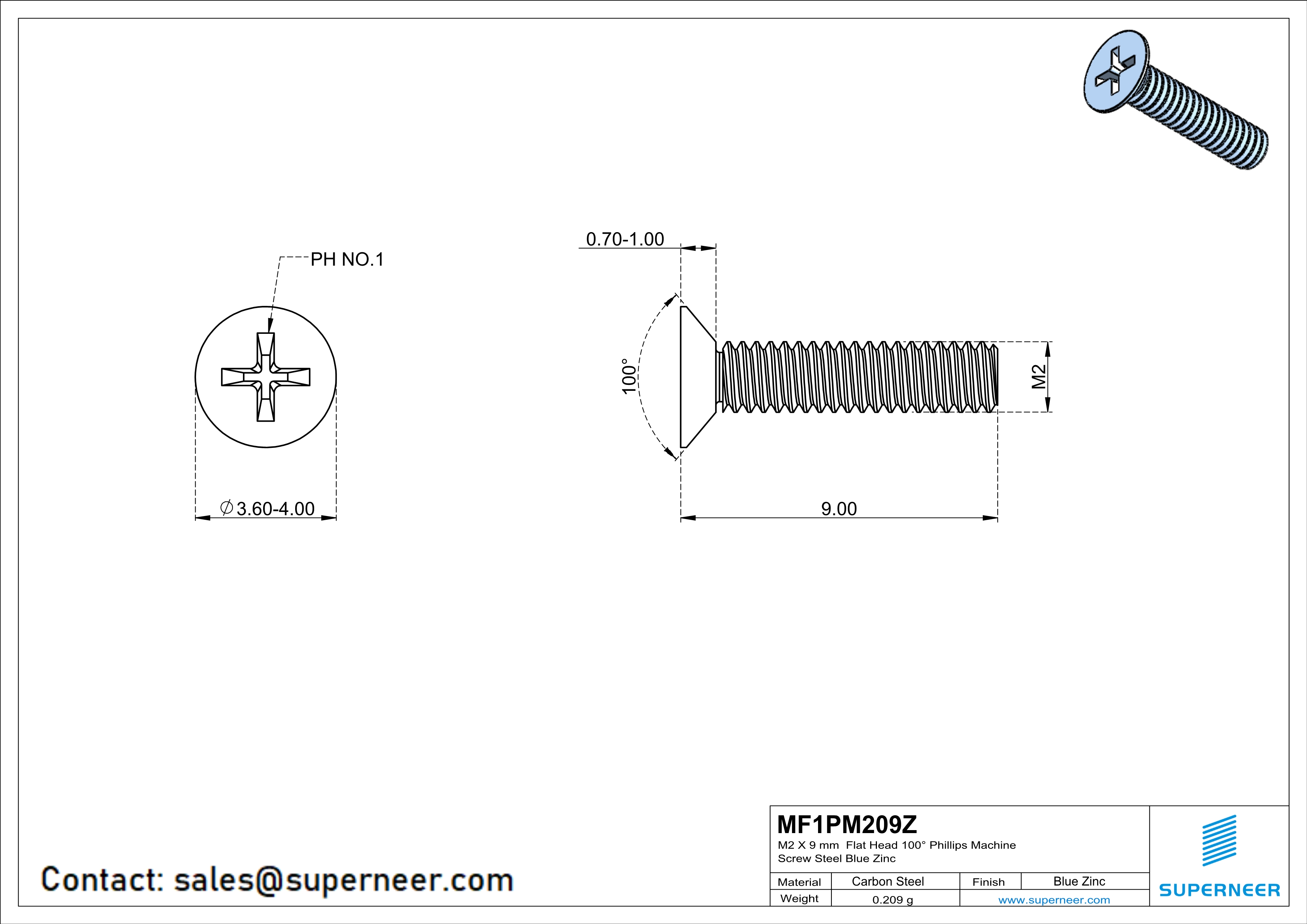 M2 x 9 mm Flat Head 100° Phillips Machine Screw Steel Blue Zinc Plated