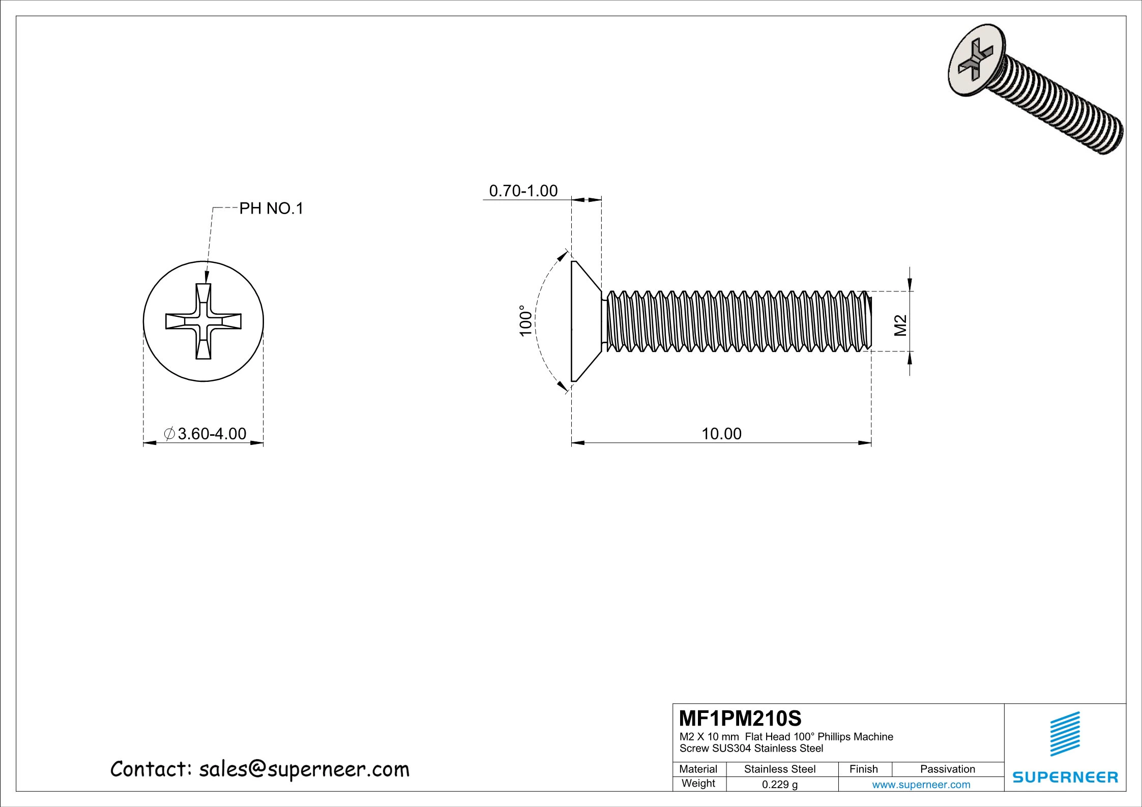 M2 x 10 mm  Flat Head 100° Phillips Machine Screw SUS304 Stainless Steel Inox