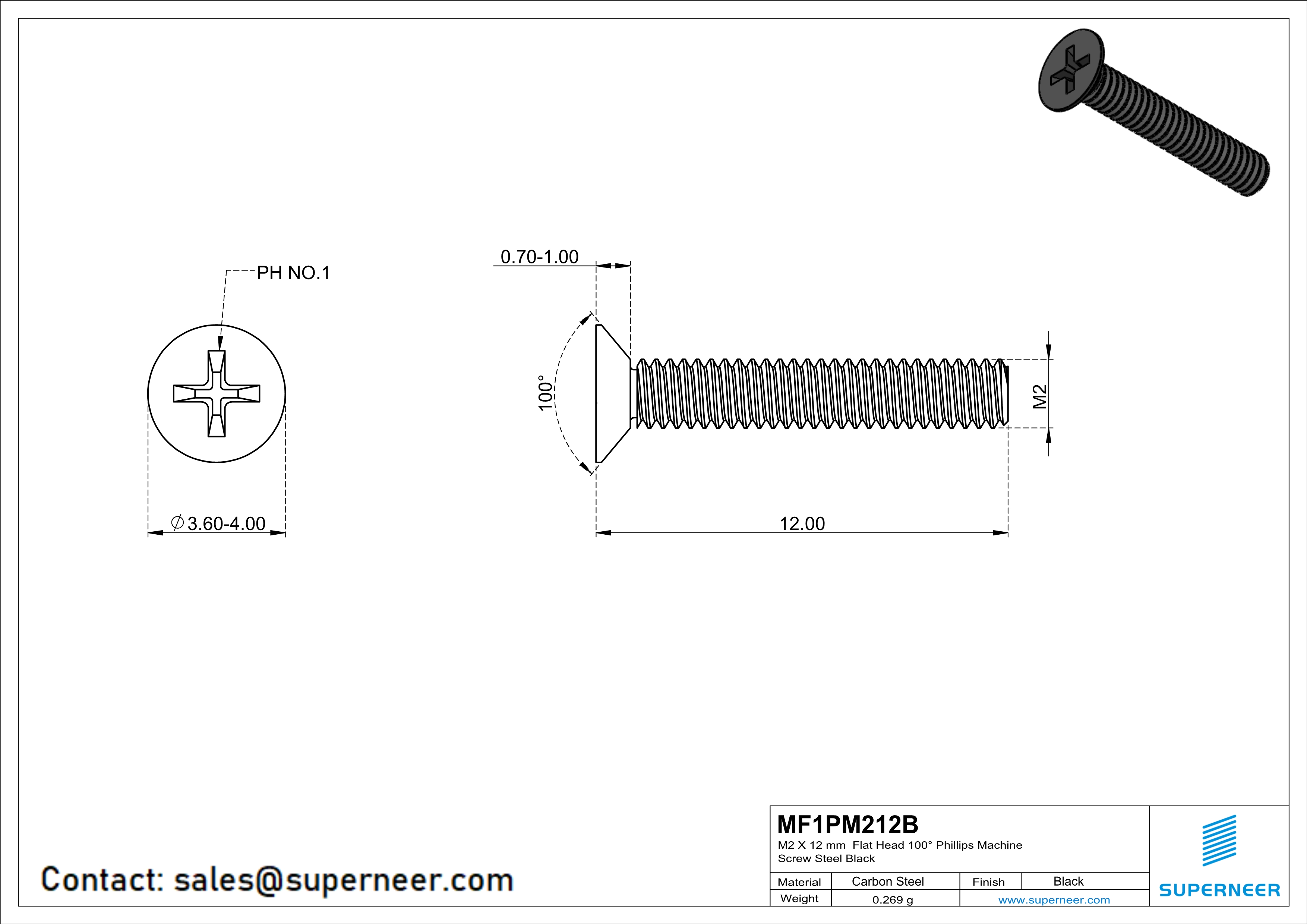 M2 x 12 mm Flat Head 100° Phillips Machine Screw Steel Black