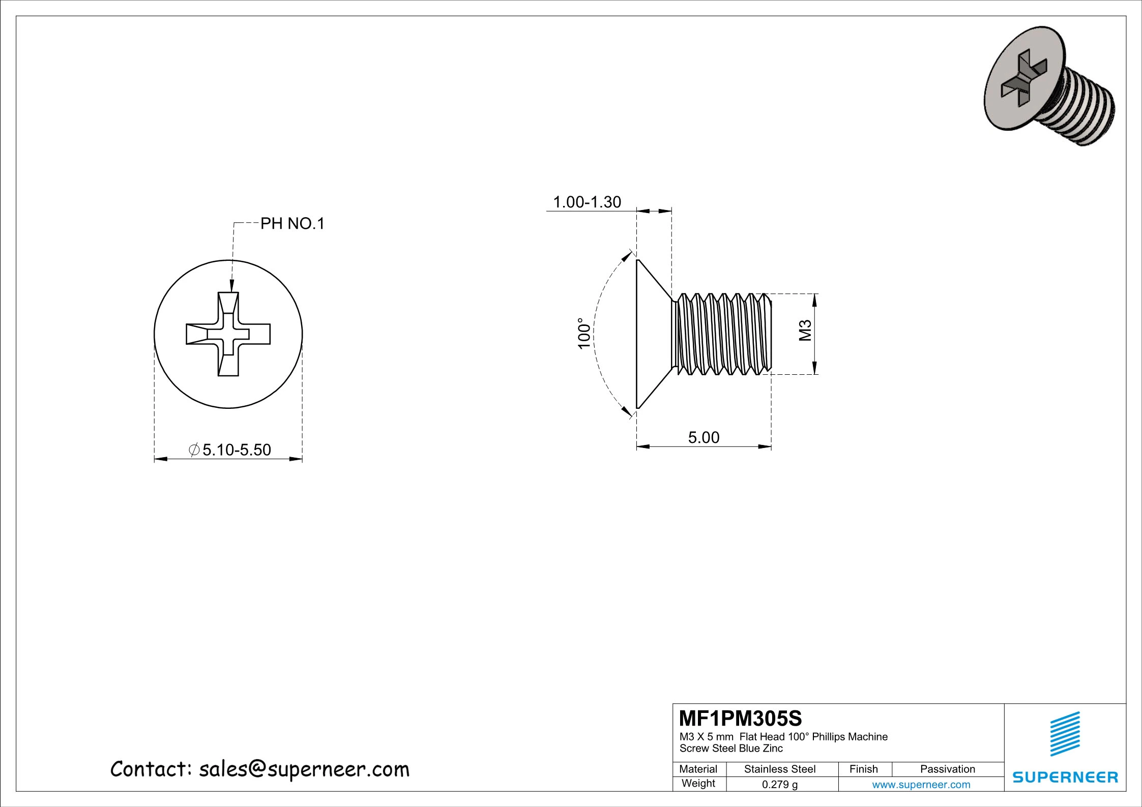 M3 x 5 mm  Flat Head 100° Phillips Machine Screw SUS304 Stainless Steel Inox