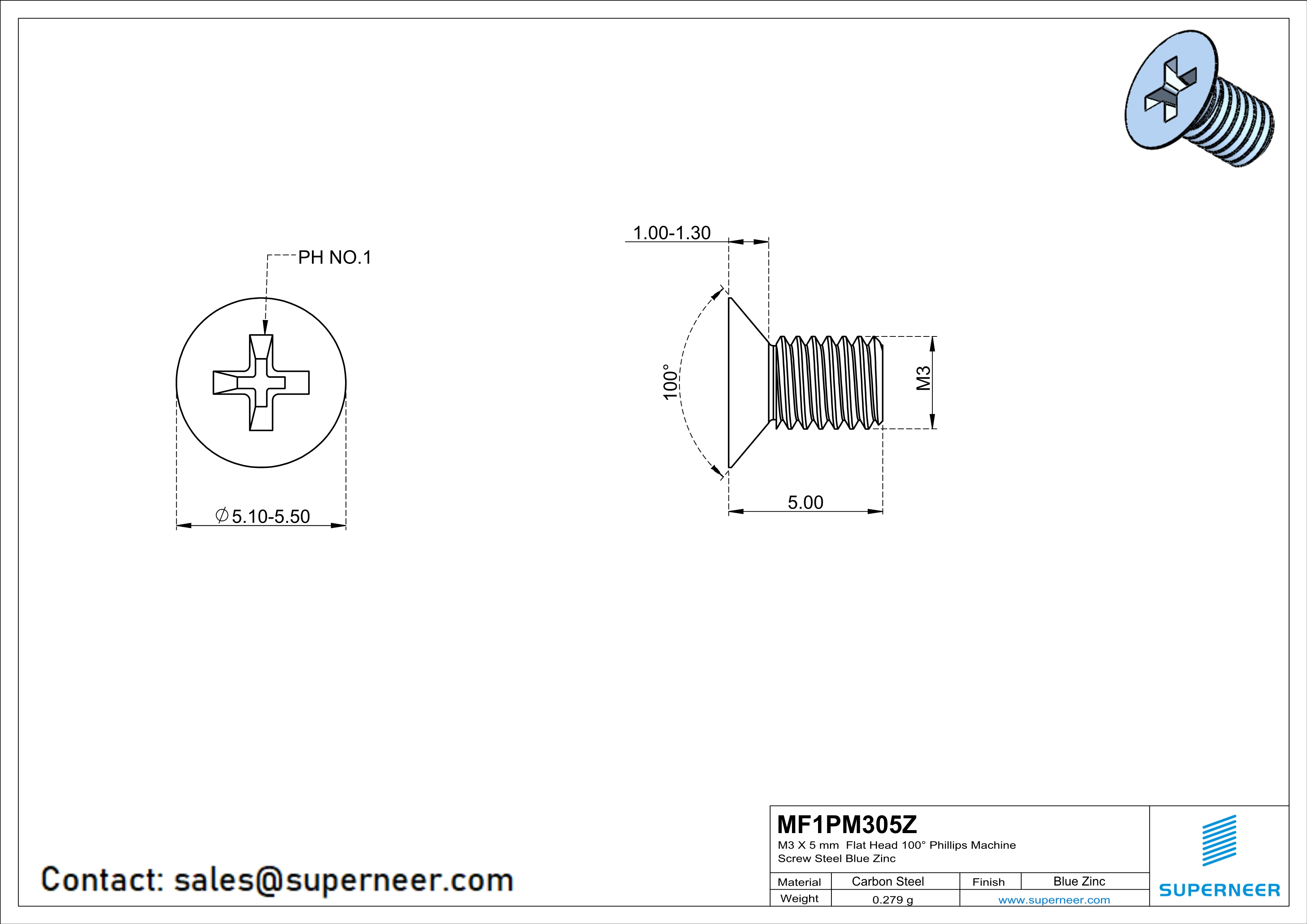 M3 x 5 mm Flat Head 100° Phillips Machine Screw Steel Blue Zinc Plated