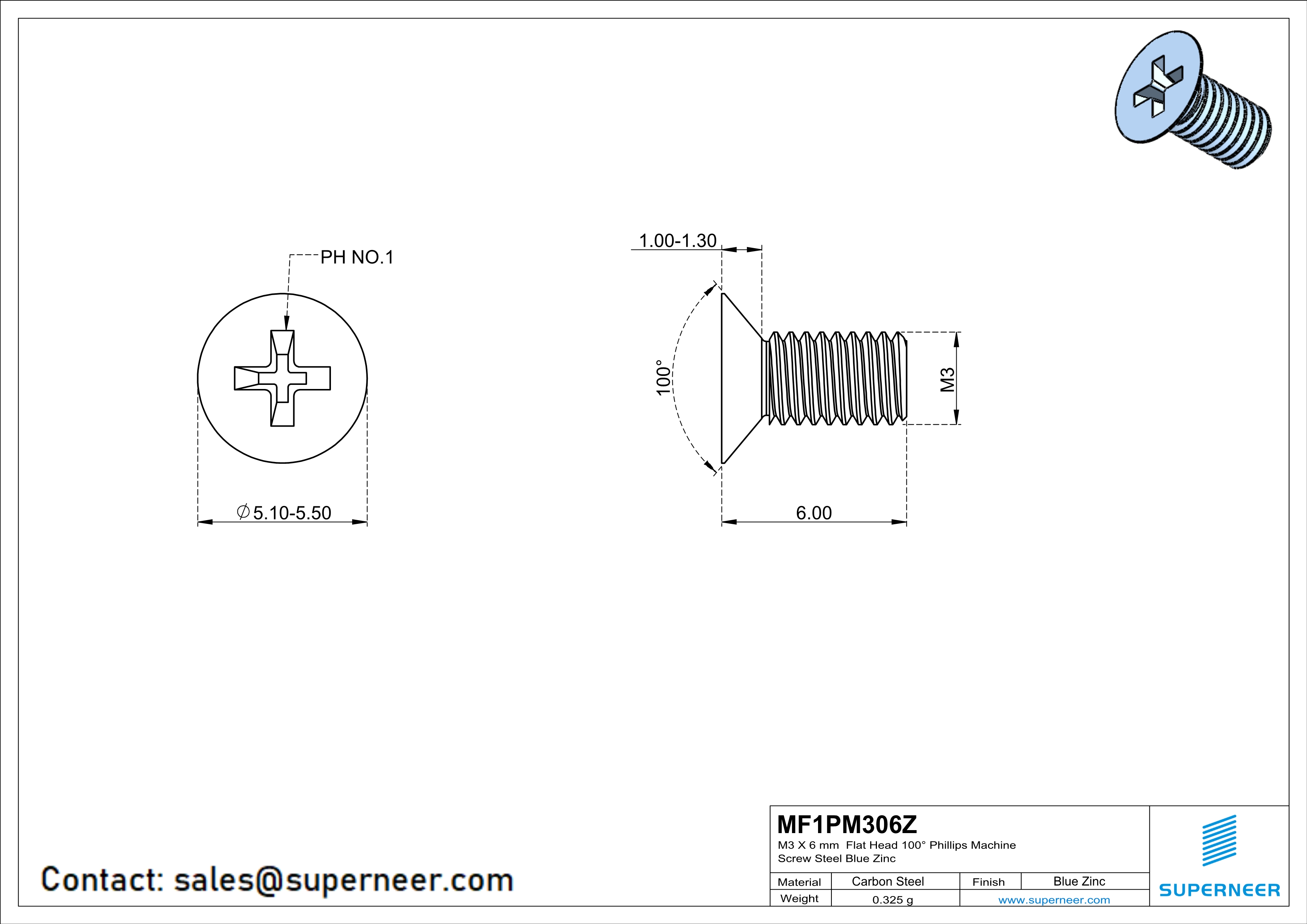 M3 x 6 mm Flat Head 100° Phillips Machine Screw Steel Blue Zinc Plated