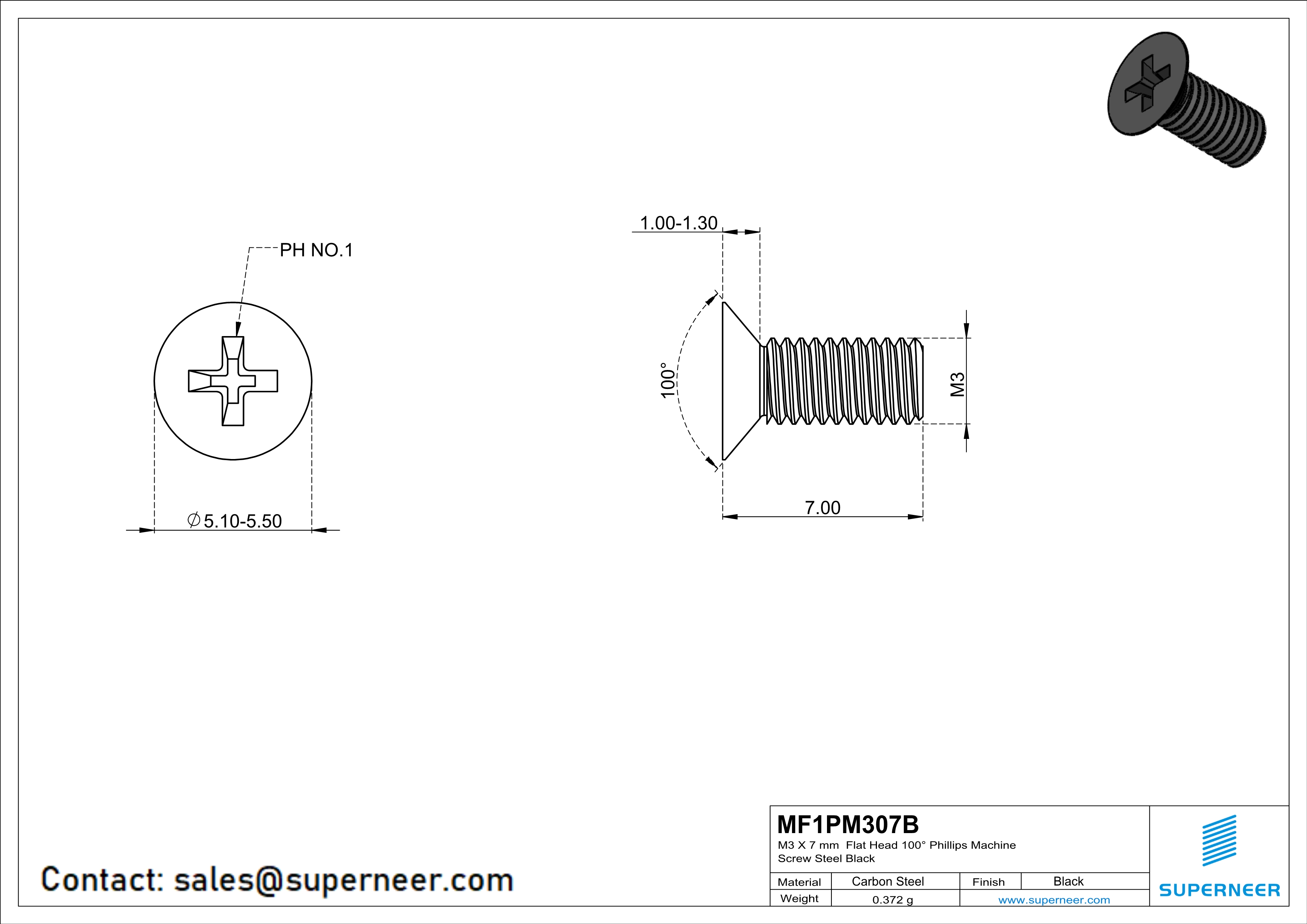 M3 x 7 mm Flat Head 100° Phillips Machine Screw Steel Black