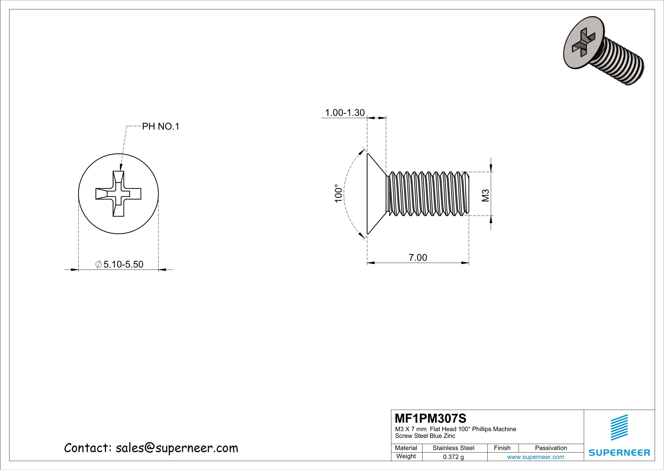 M3 x 7 mm  Flat Head 100° Phillips Machine Screw SUS304 Stainless Steel Inox