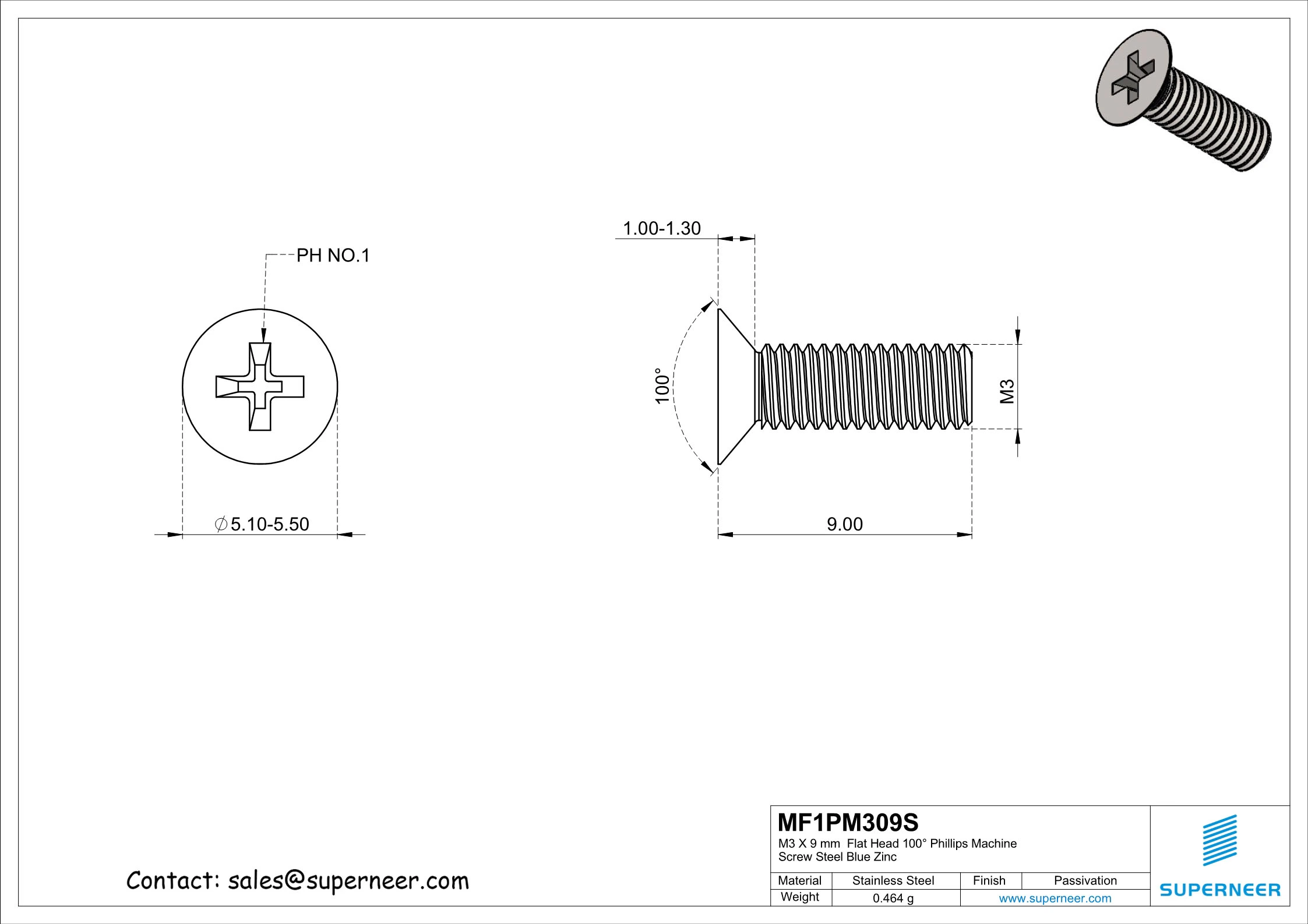 M3 x 9 mm  Flat Head 100° Phillips Machine Screw SUS304 Stainless Steel Inox