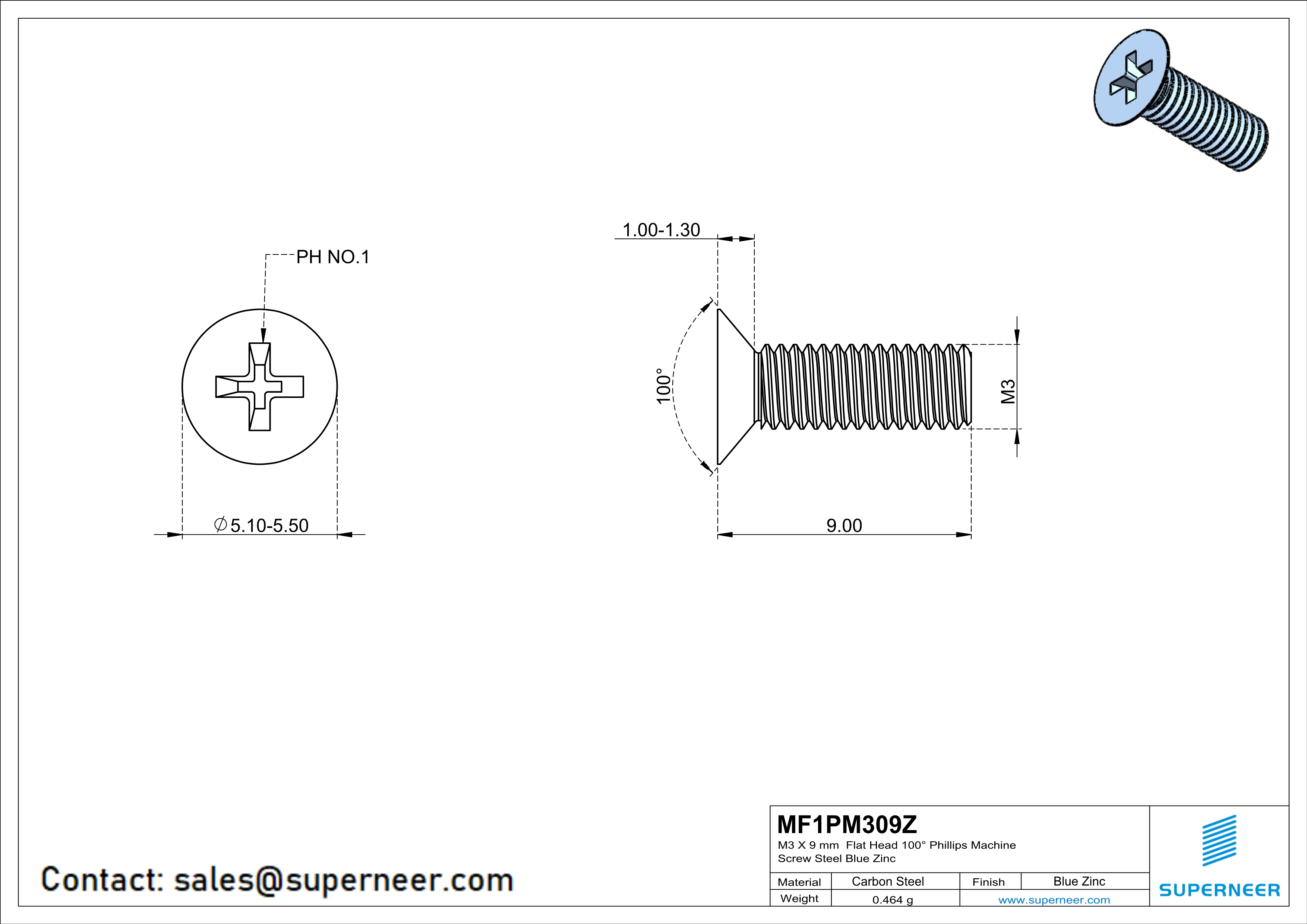 M3 x 9 mm Flat Head 100° Phillips Machine Screw Steel Blue Zinc Plated