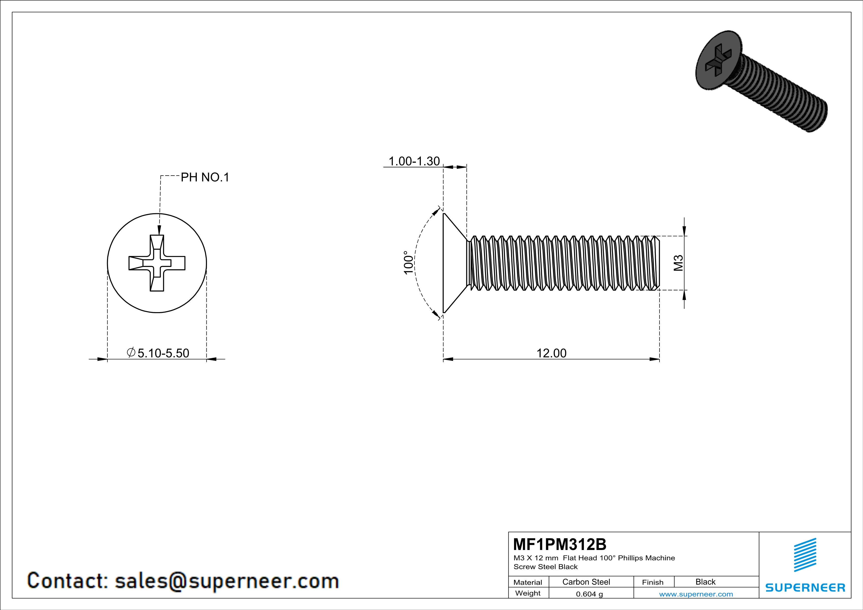 M3 x 12 mm Flat Head 100° Phillips Machine Screw Steel Black