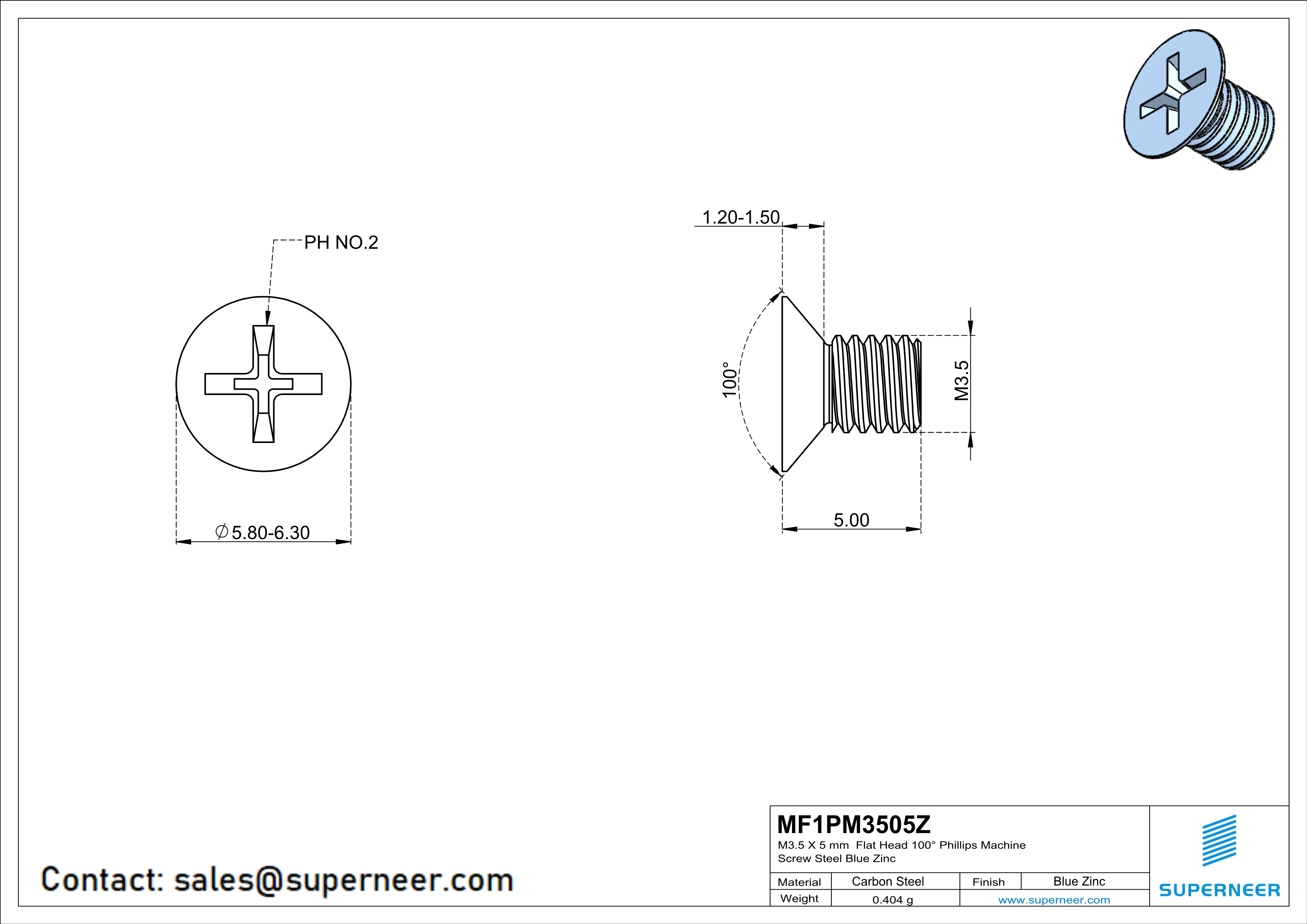 M3.5 x 5 mm Flat Head 100° Phillips Machine Screw Steel Blue Zinc Plated