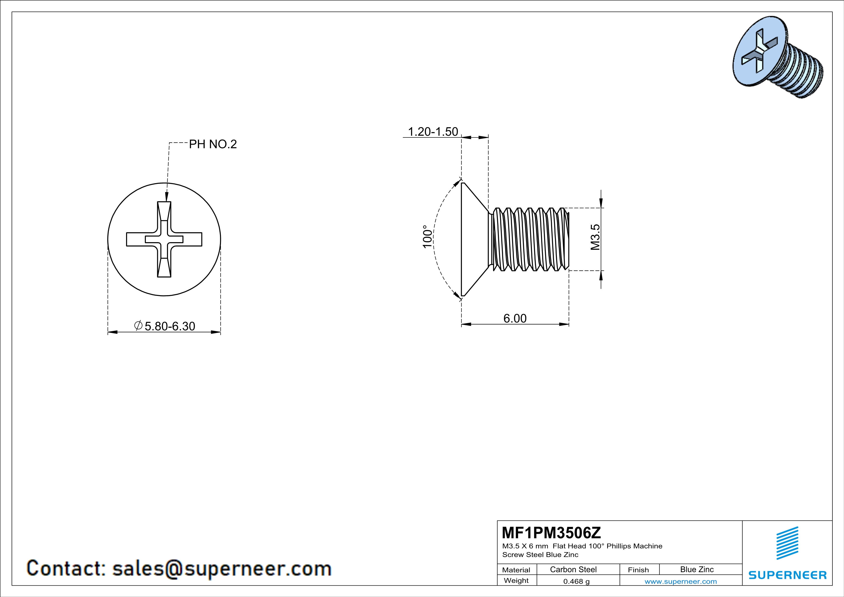 M3.5 x 6 mm Flat Head 100° Phillips Machine Screw Steel Blue Zinc Plated