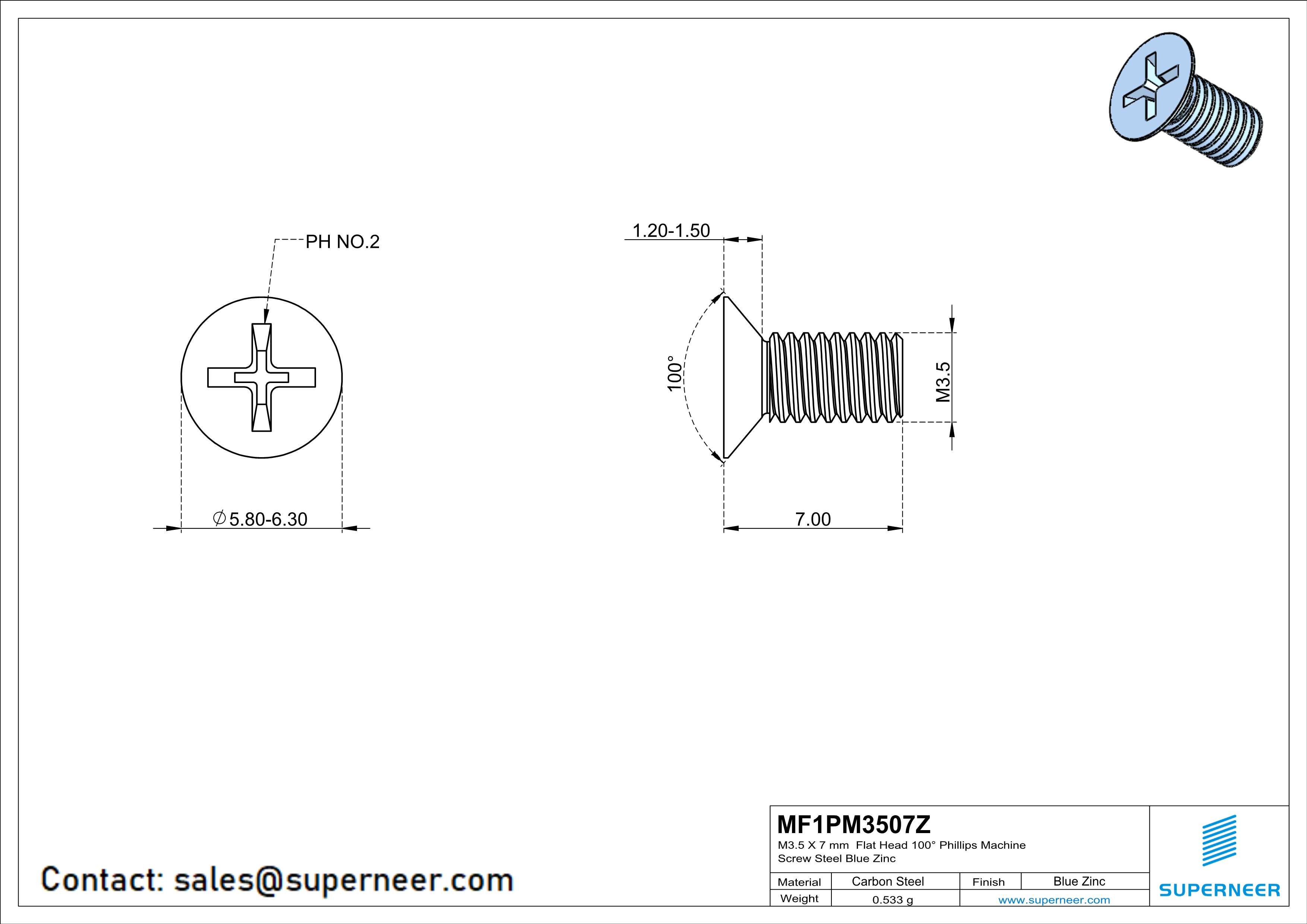 M3.5 x 7 mm Flat Head 100° Phillips Machine Screw Steel Blue Zinc Plated