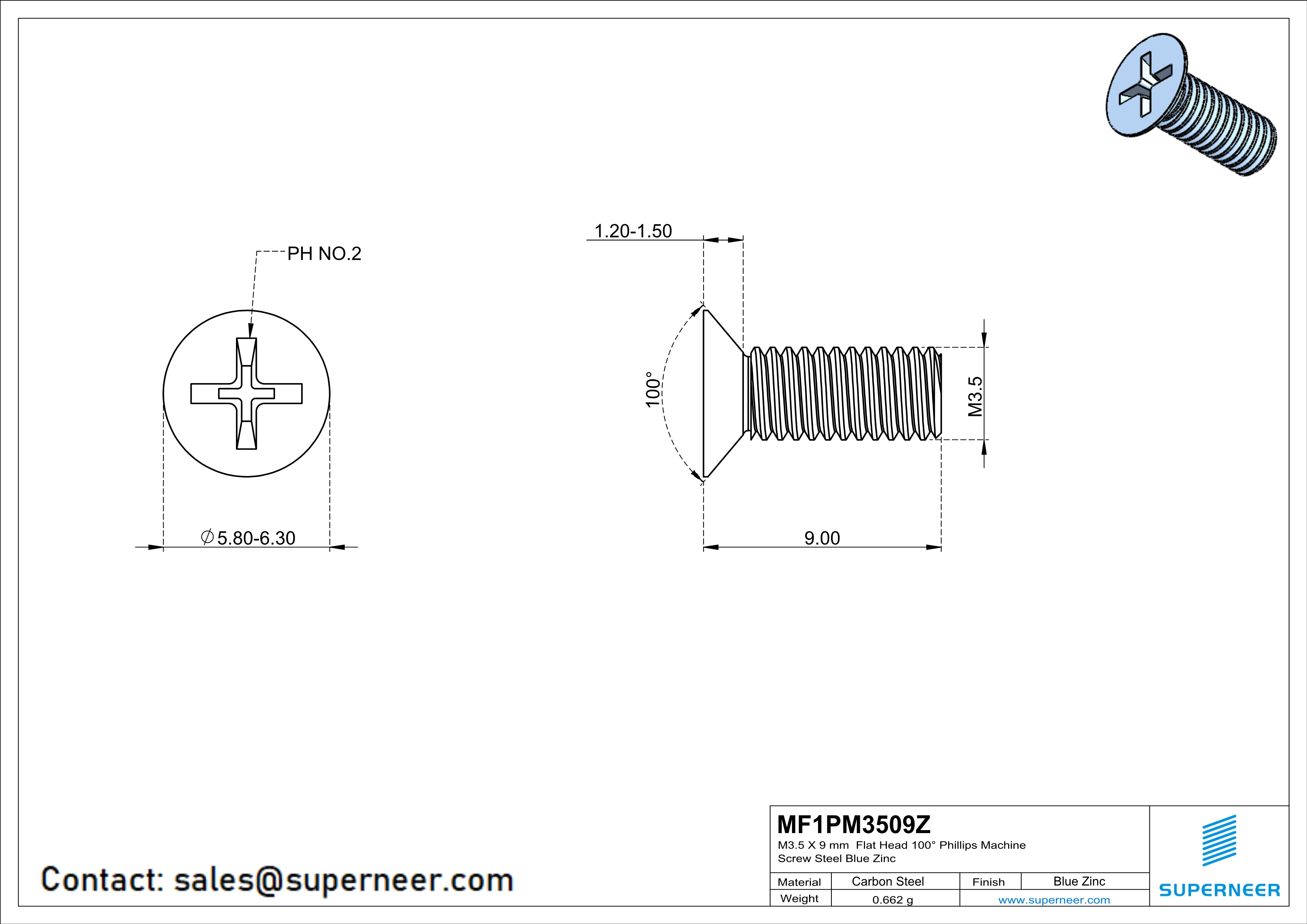 M3.5 x 9 mm Flat Head 100° Phillips Machine Screw Steel Blue Zinc Plated