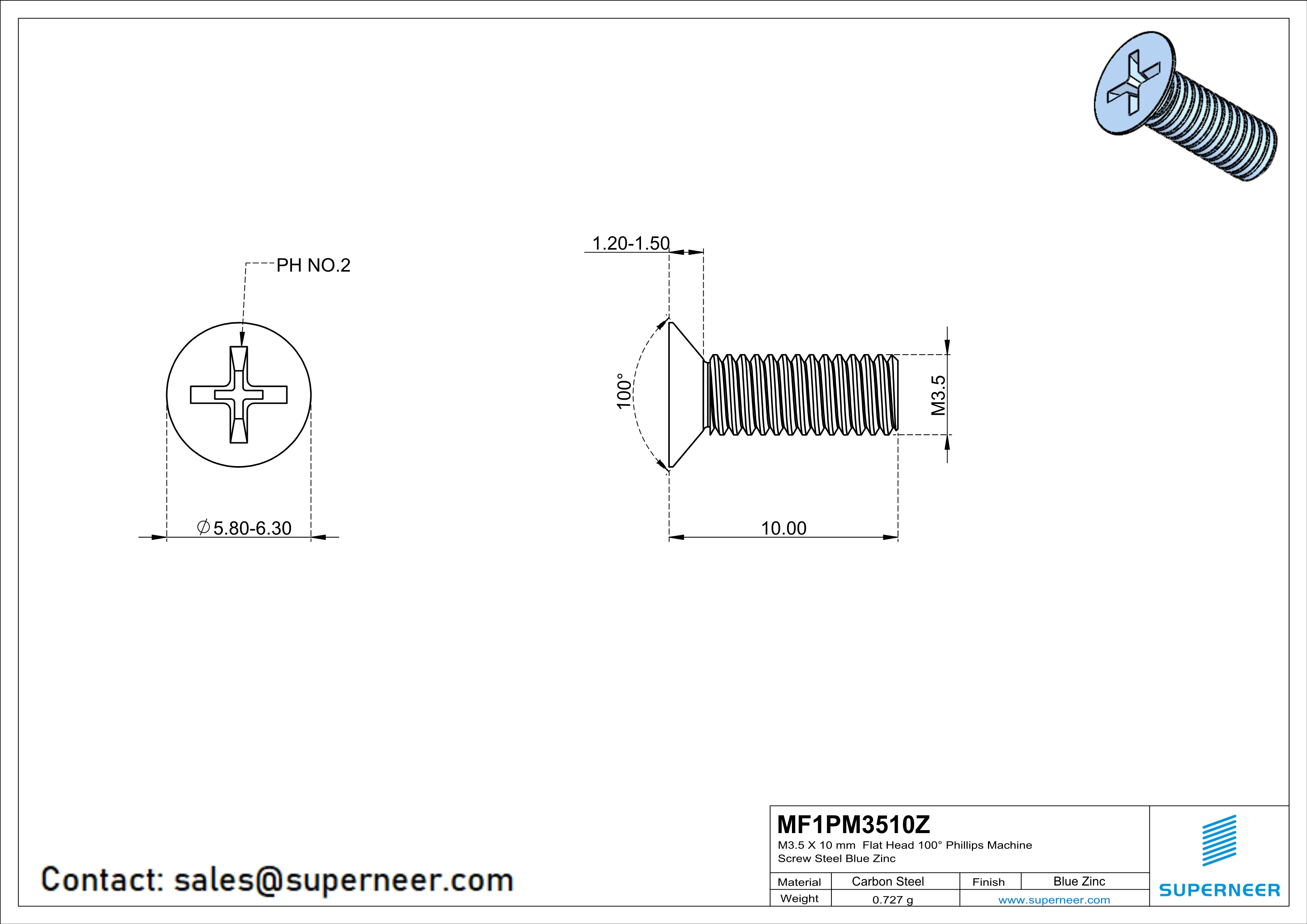 M3.5 x 10 mm Flat Head 100° Phillips Machine Screw Steel Blue Zinc Plated