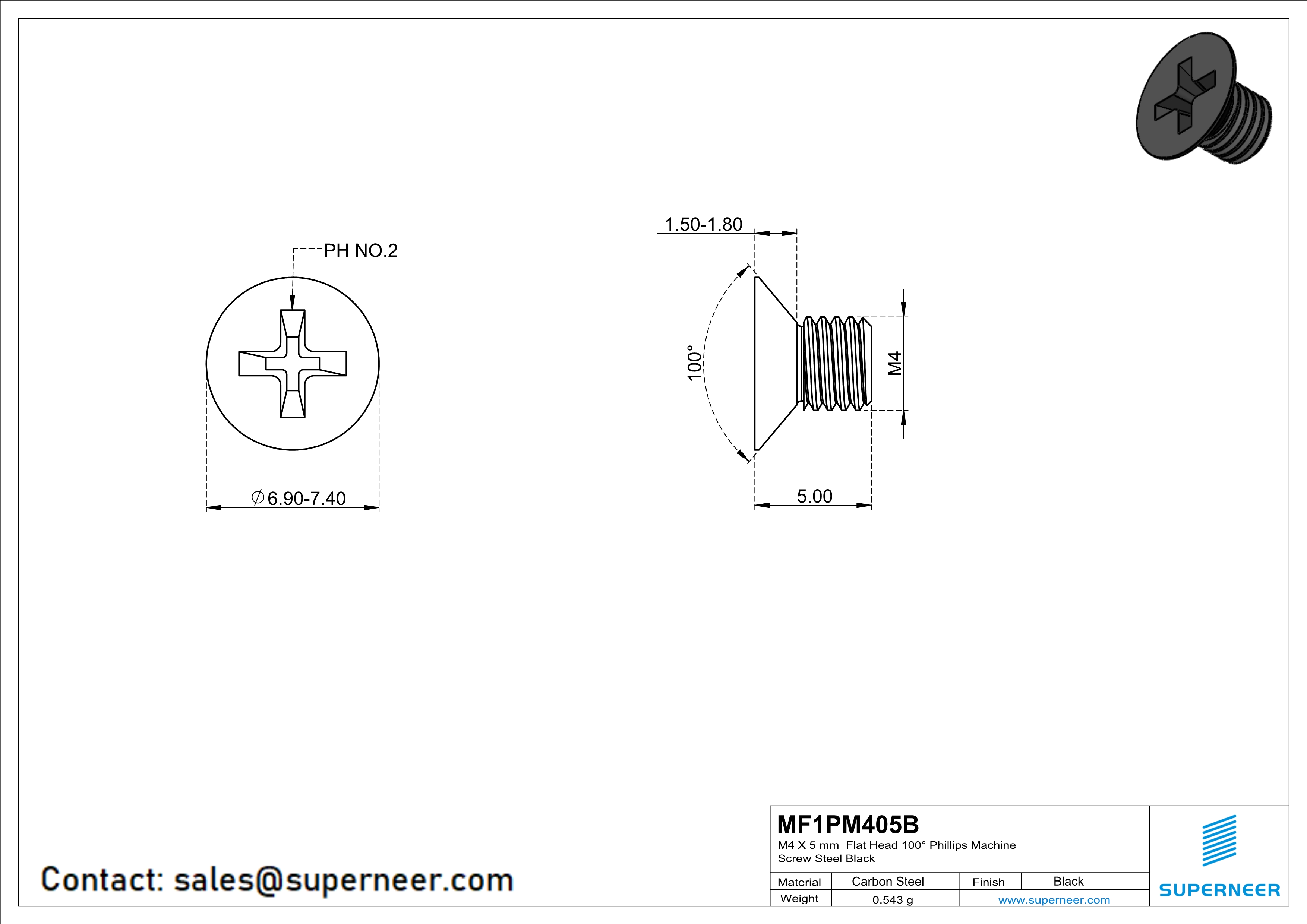 M4 x 5 mm Flat Head 100° Phillips Machine Screw Steel Black