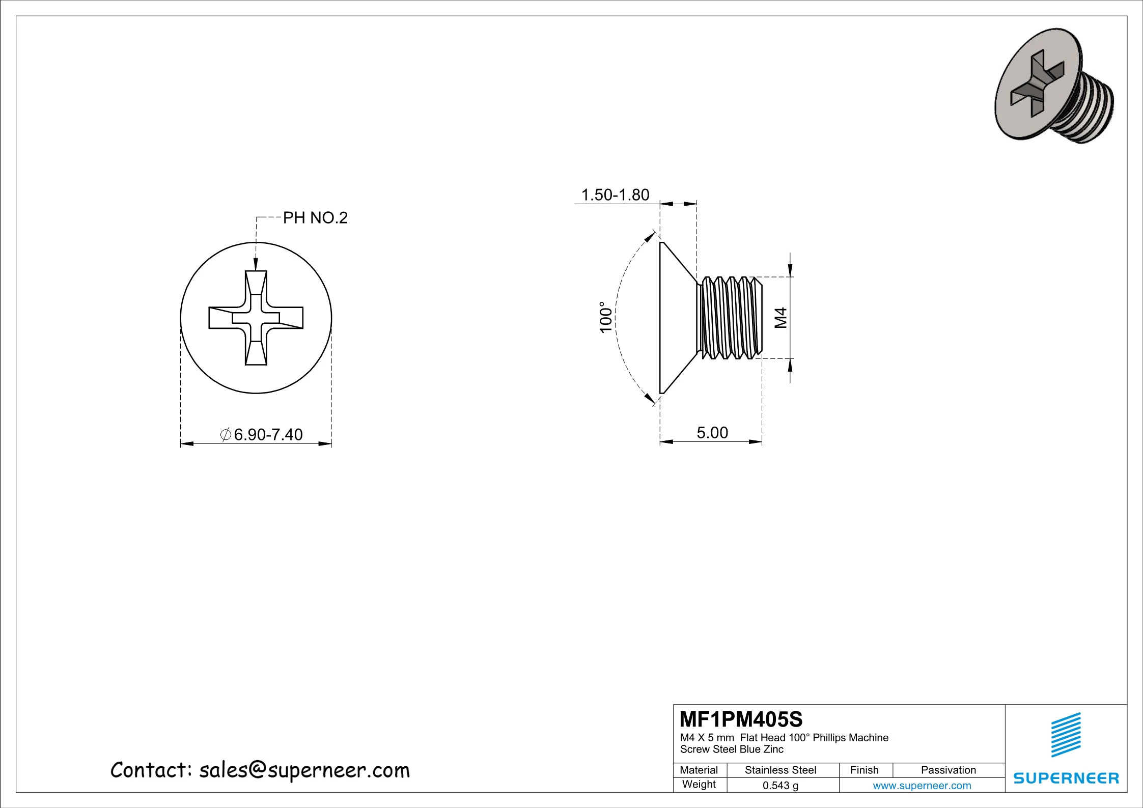 M4 x 5 mm  Flat Head 100° Phillips Machine Screw SUS304 Stainless Steel Inox