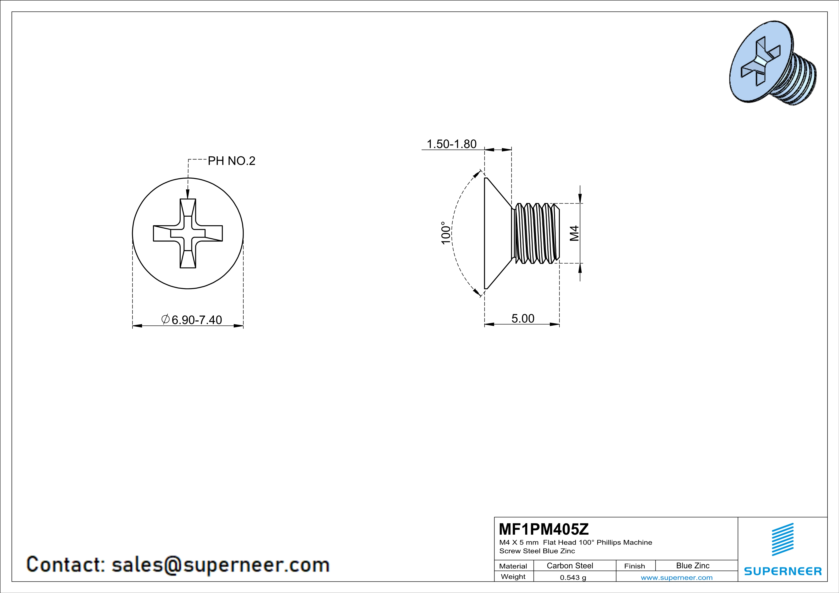 M4 x 5 mm Flat Head 100° Phillips Machine Screw Steel Blue Zinc Plated