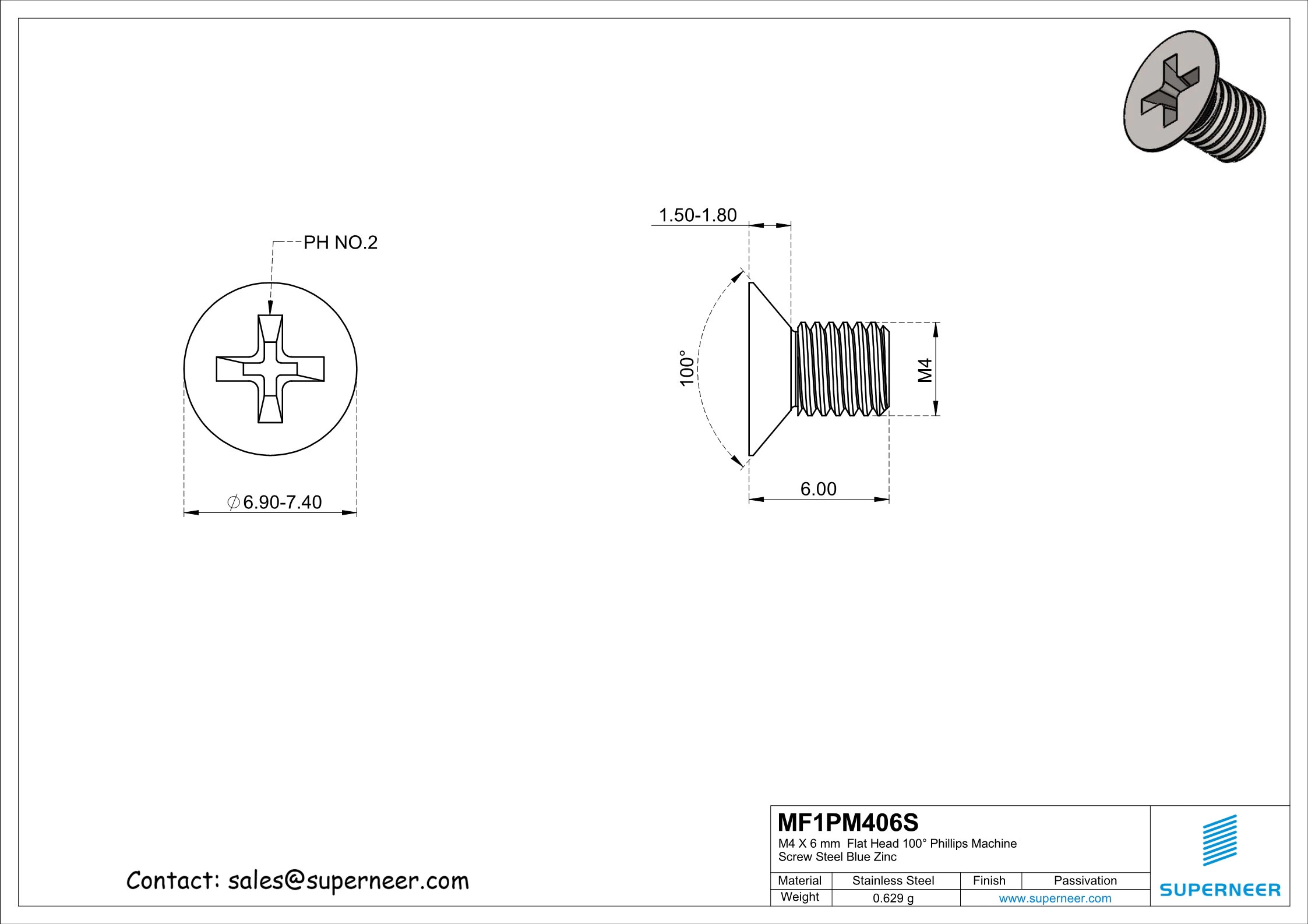 M4 x 6 mm  Flat Head 100° Phillips Machine Screw SUS304 Stainless Steel Inox