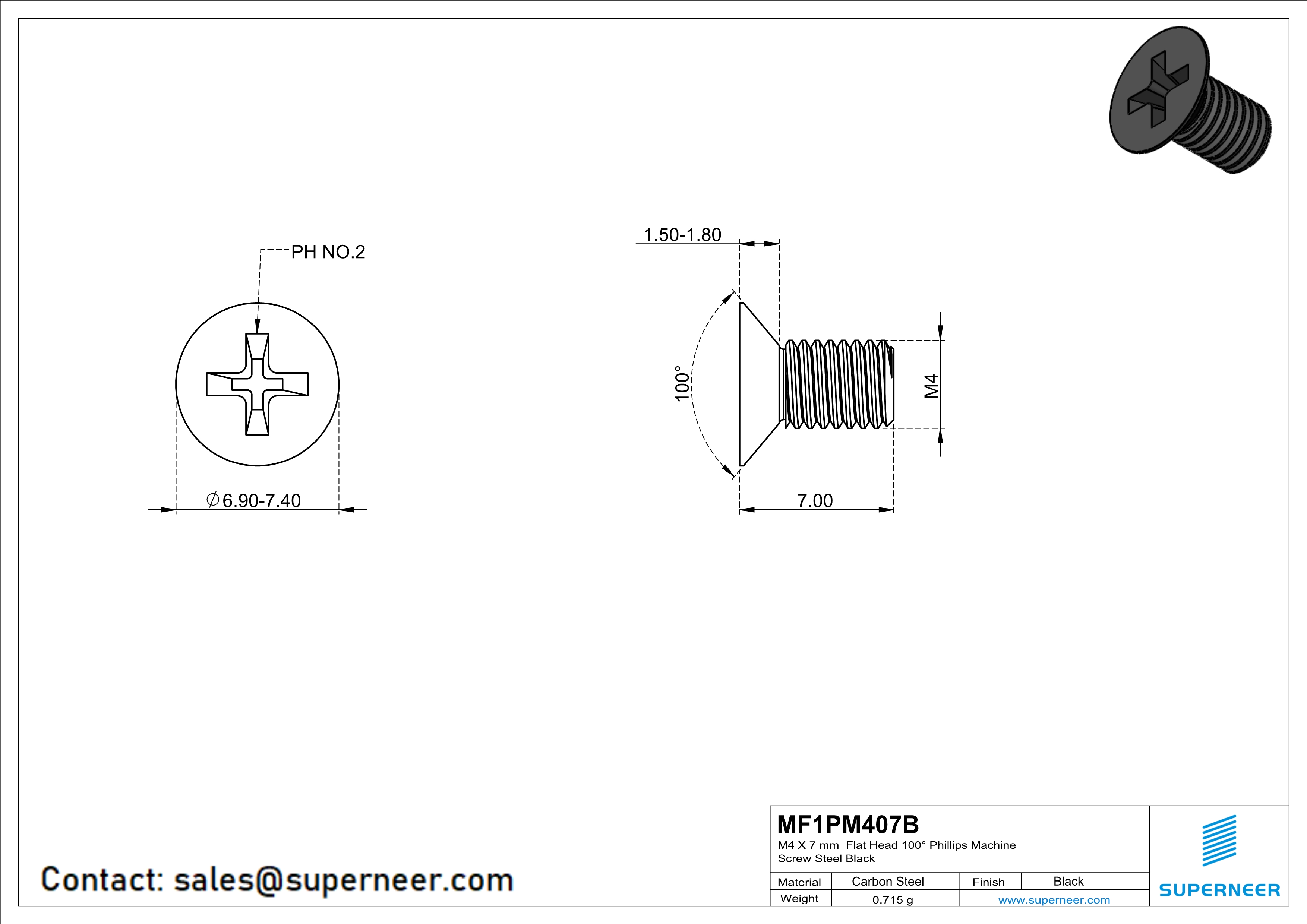 M4 x 7 mm Flat Head 100° Phillips Machine Screw Steel Black