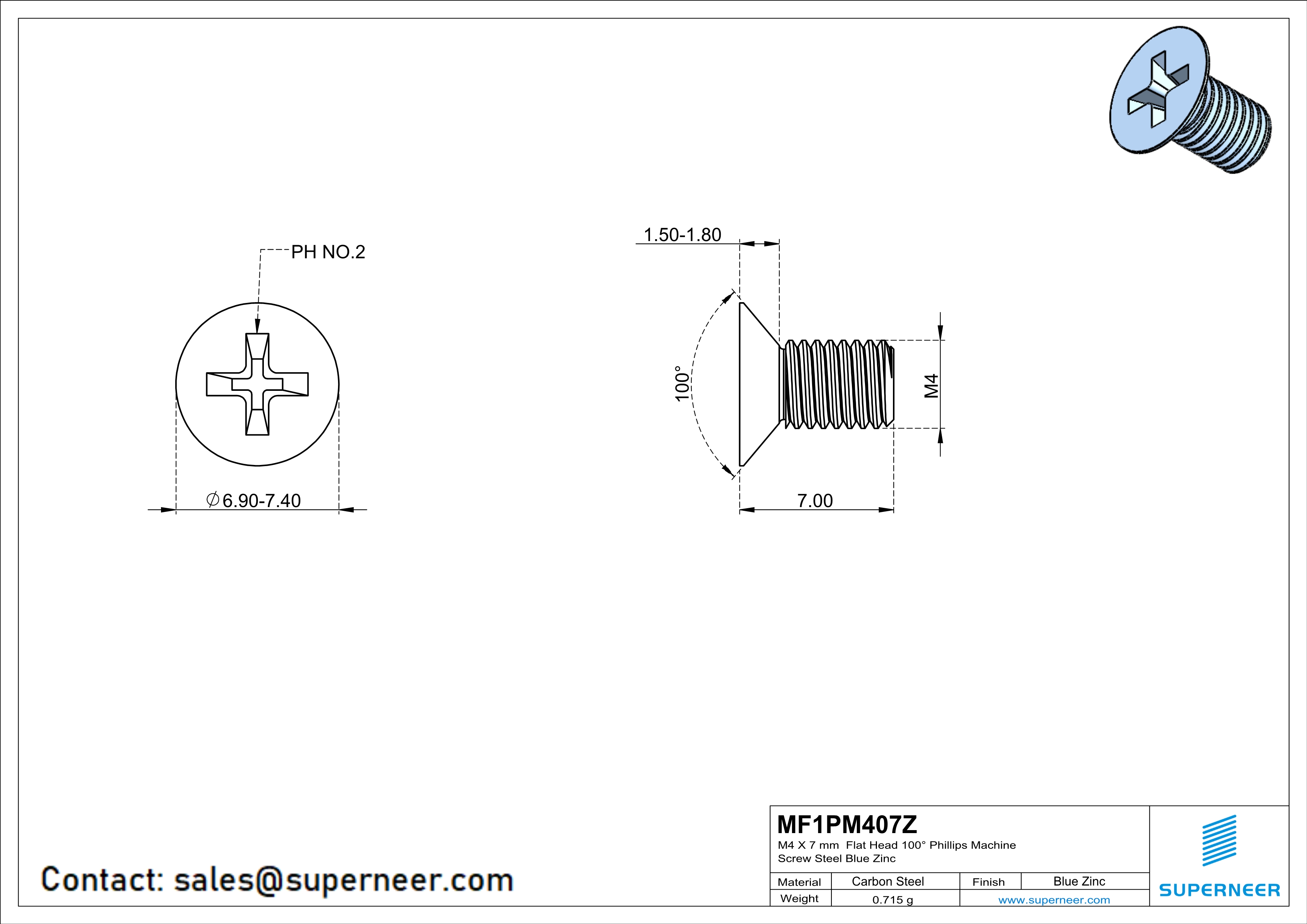 M4 x 7 mm Flat Head 100° Phillips Machine Screw Steel Blue Zinc Plated