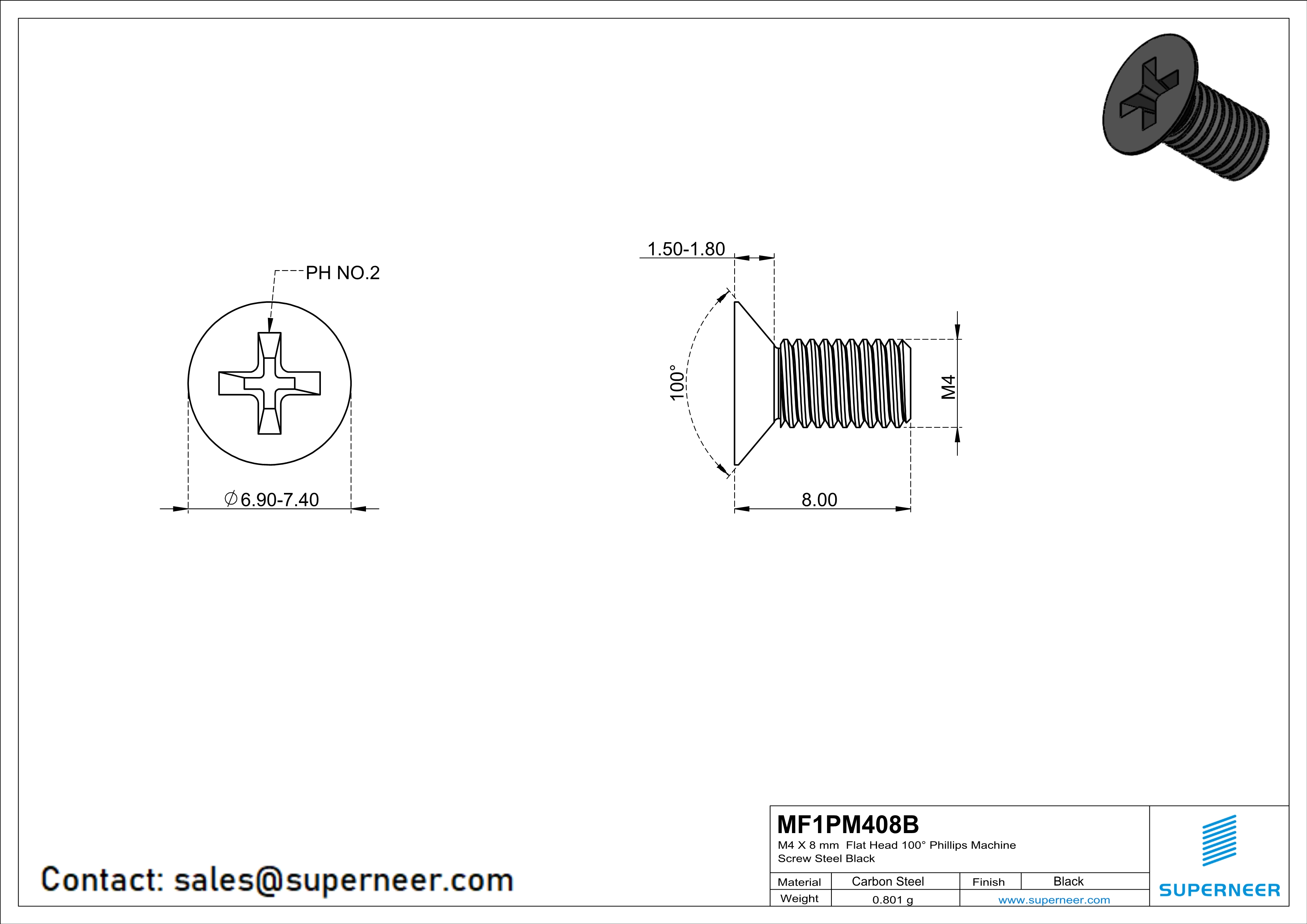 M4 x 8 mm Flat Head 100° Phillips Machine Screw Steel Black