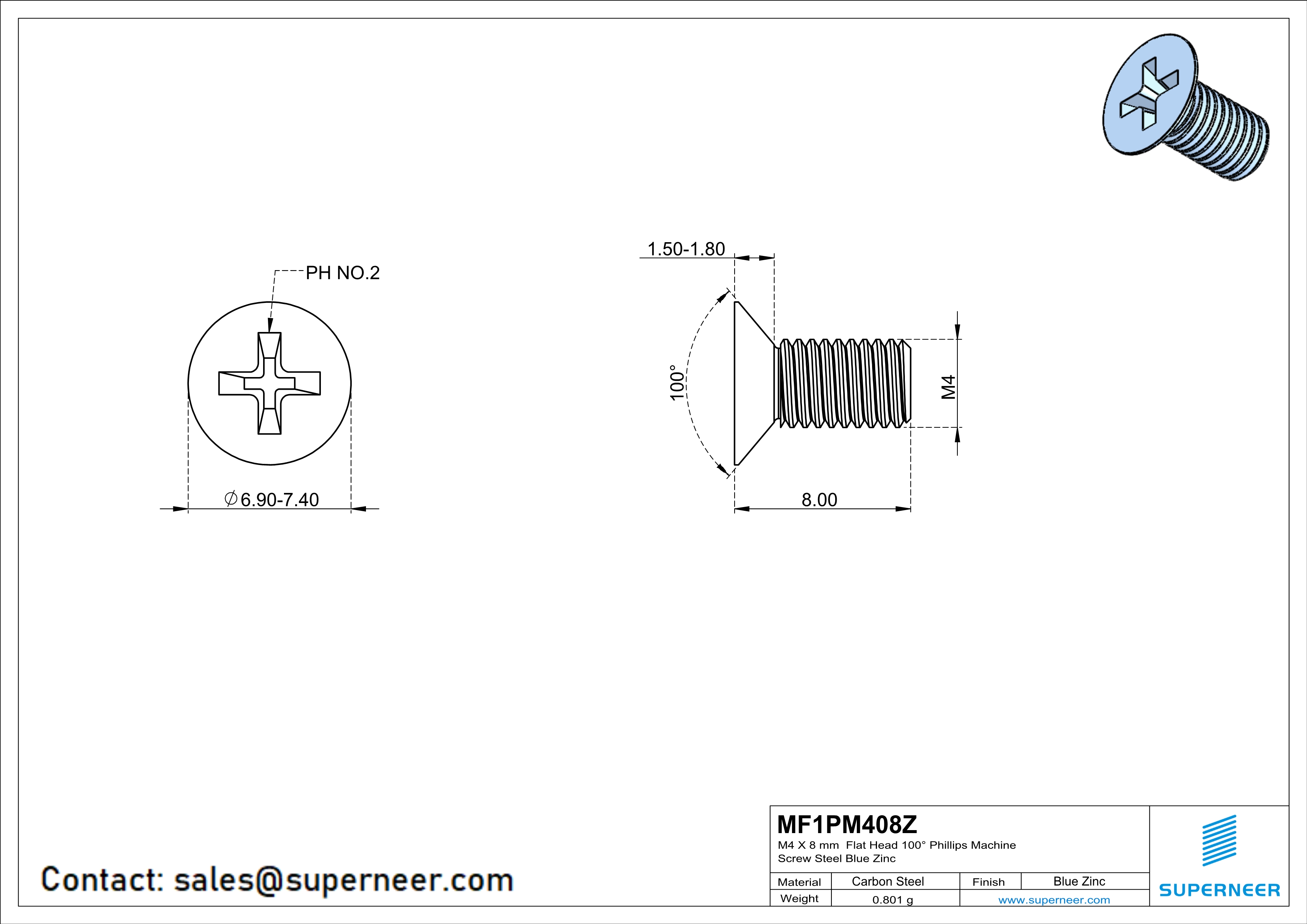M4 x 8 mm Flat Head 100° Phillips Machine Screw Steel Blue Zinc Plated