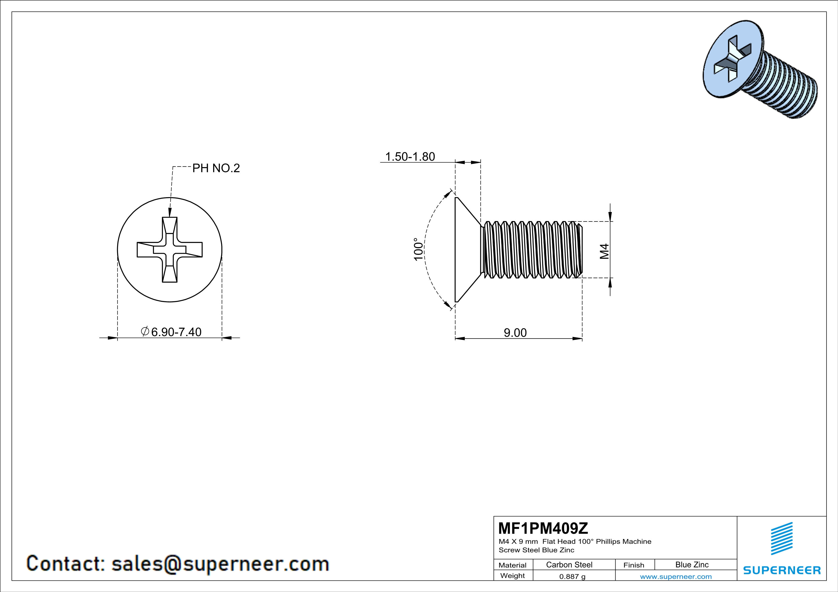 M4 x 9 mm Flat Head 100° Phillips Machine Screw Steel Blue Zinc Plated