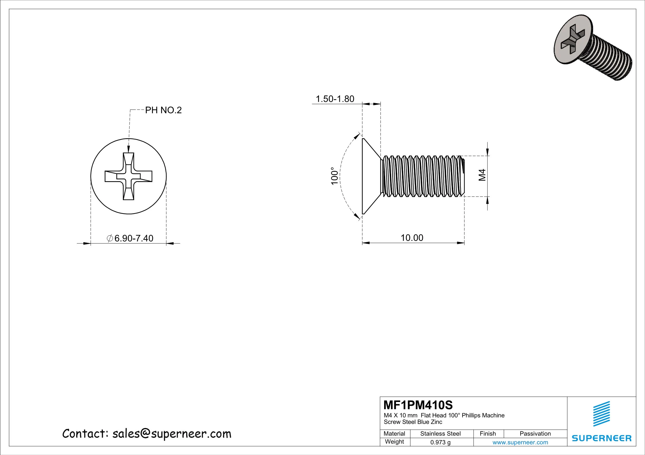 M4 x 10 mm  Flat Head 100° Phillips Machine Screw SUS304 Stainless Steel Inox