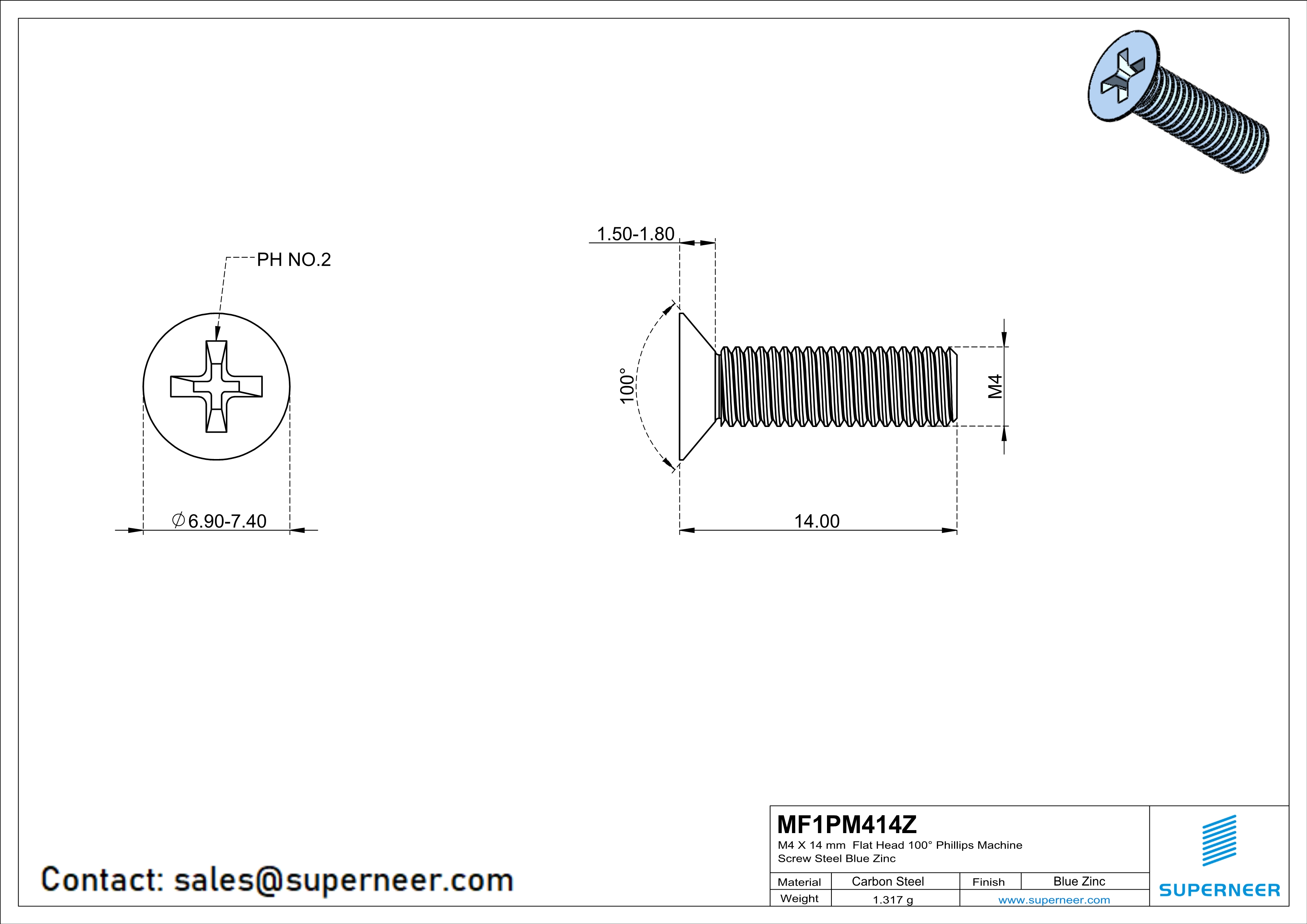 M4 x 14 mm Flat Head 100° Phillips Machine Screw Steel Blue Zinc Plated