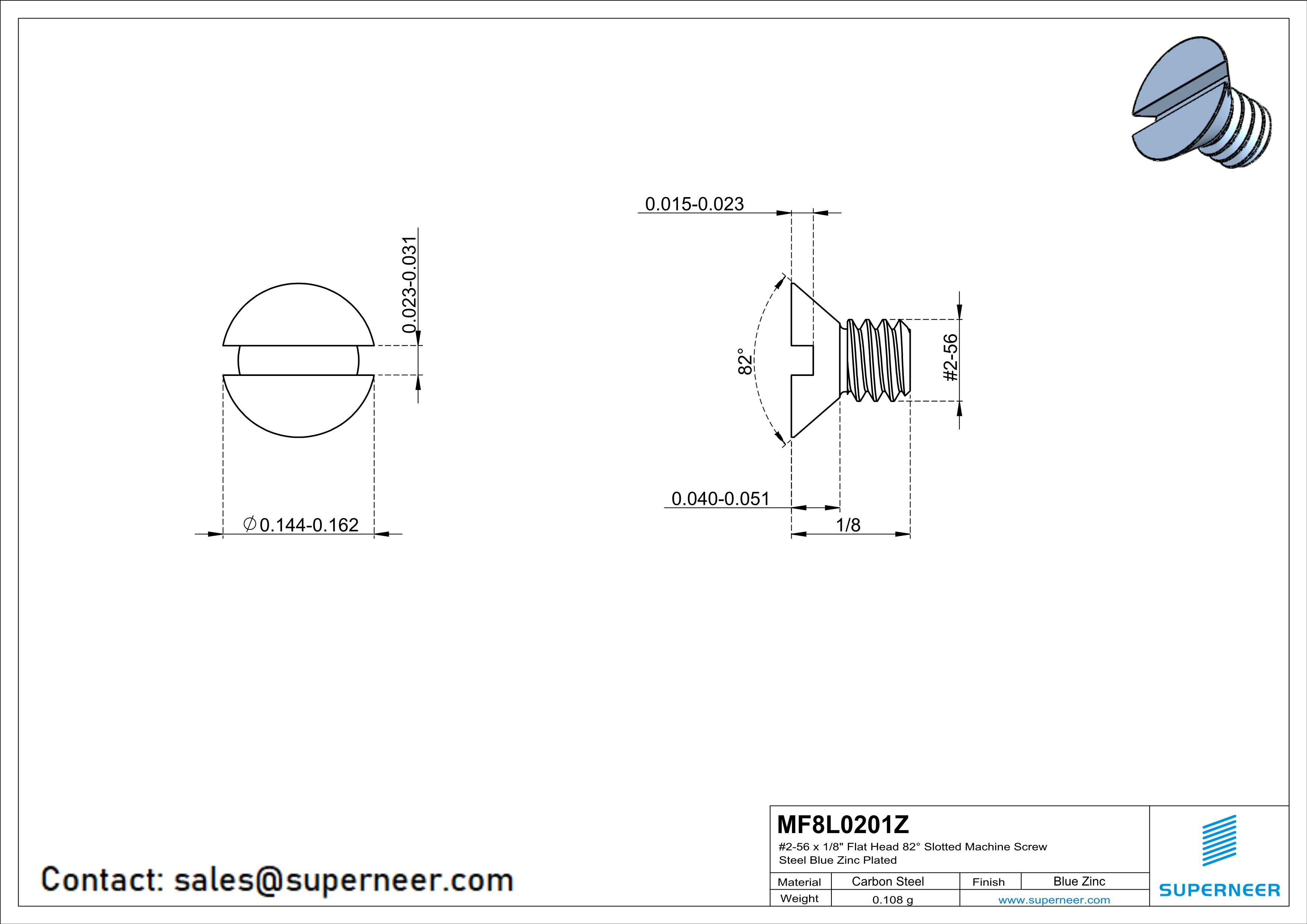2-56 x 1/8" Flat Head 82° Slotted Machine Screw Steel Blue Zinc Plated