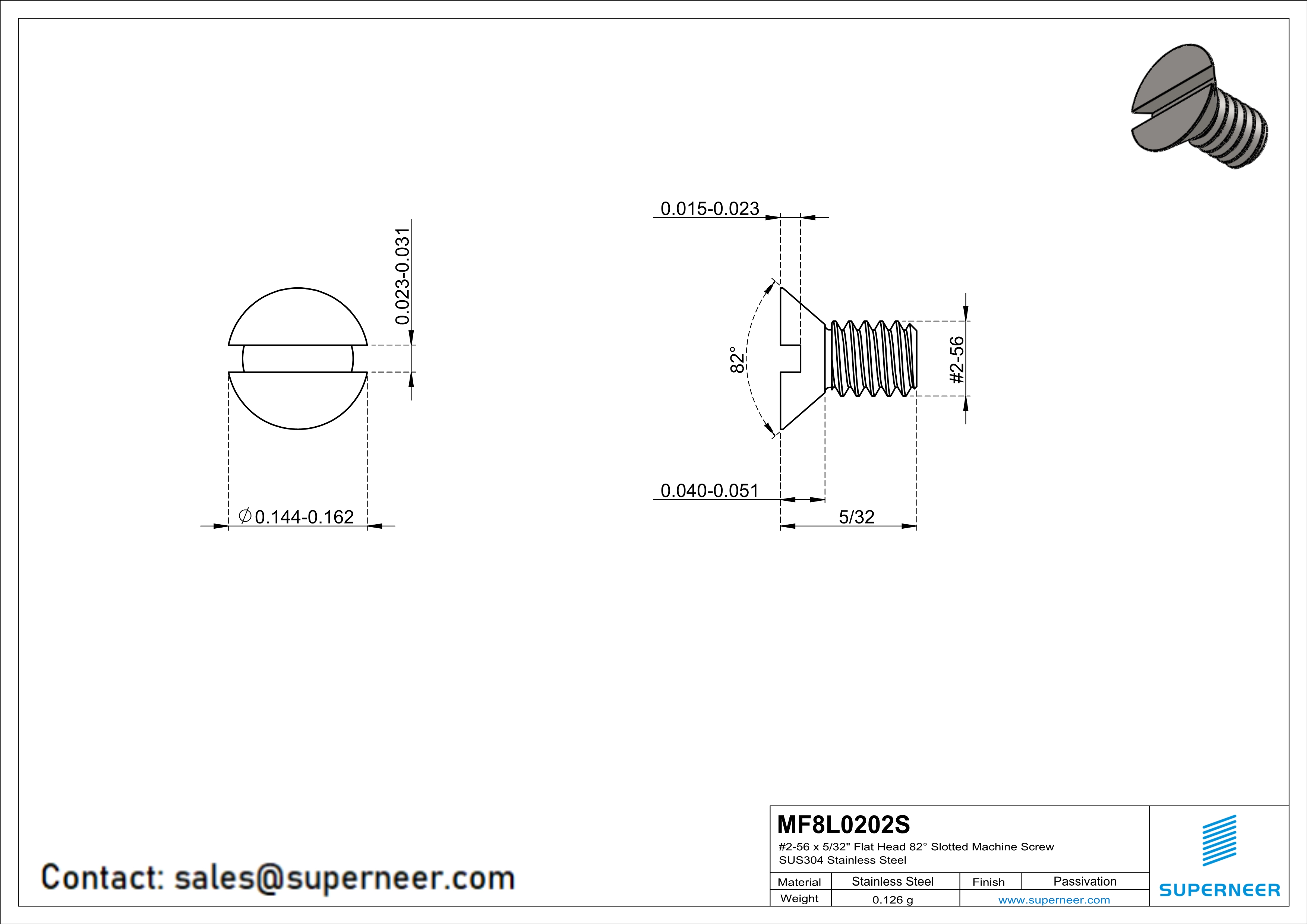 2-56 x 5/32" Flat Head 82° Slotted Machine Screw SUS304 Stainless Steel Inox