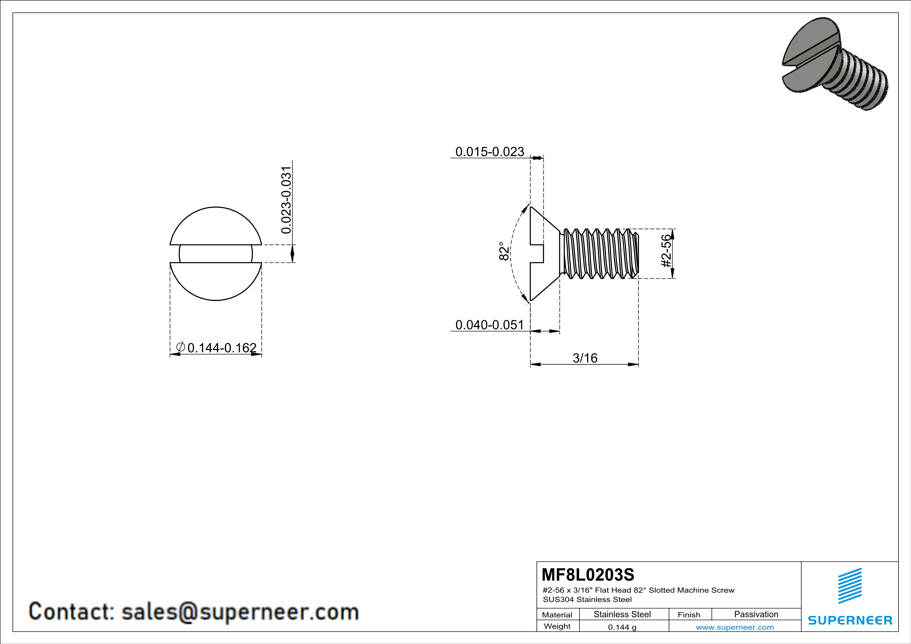 2-56 x 3/16" Flat Head 82° Slotted Machine Screw SUS304 Stainless Steel Inox