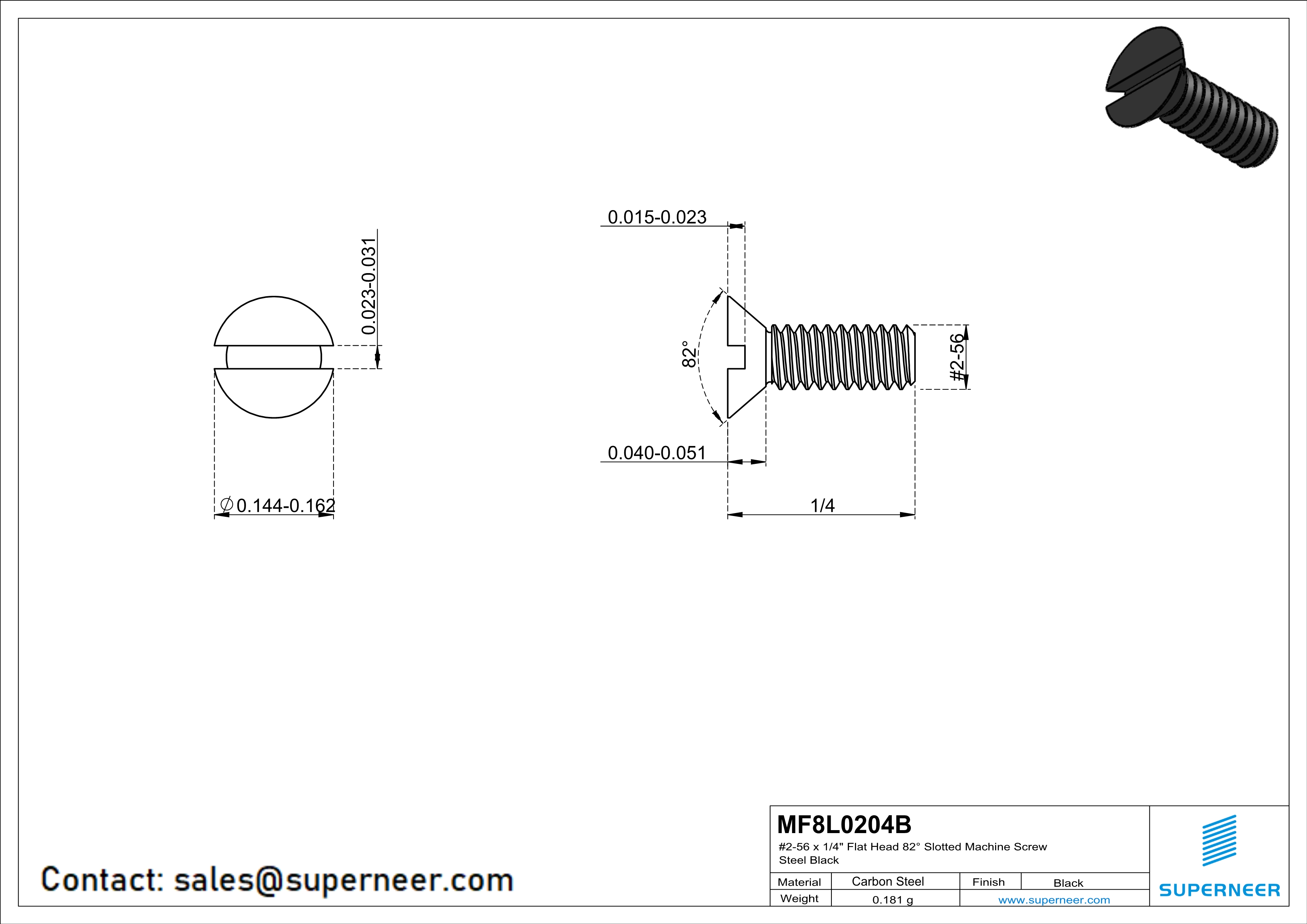 2-56 x 1/4" Flat Head 82° Slotted Machine Screw Steel Black