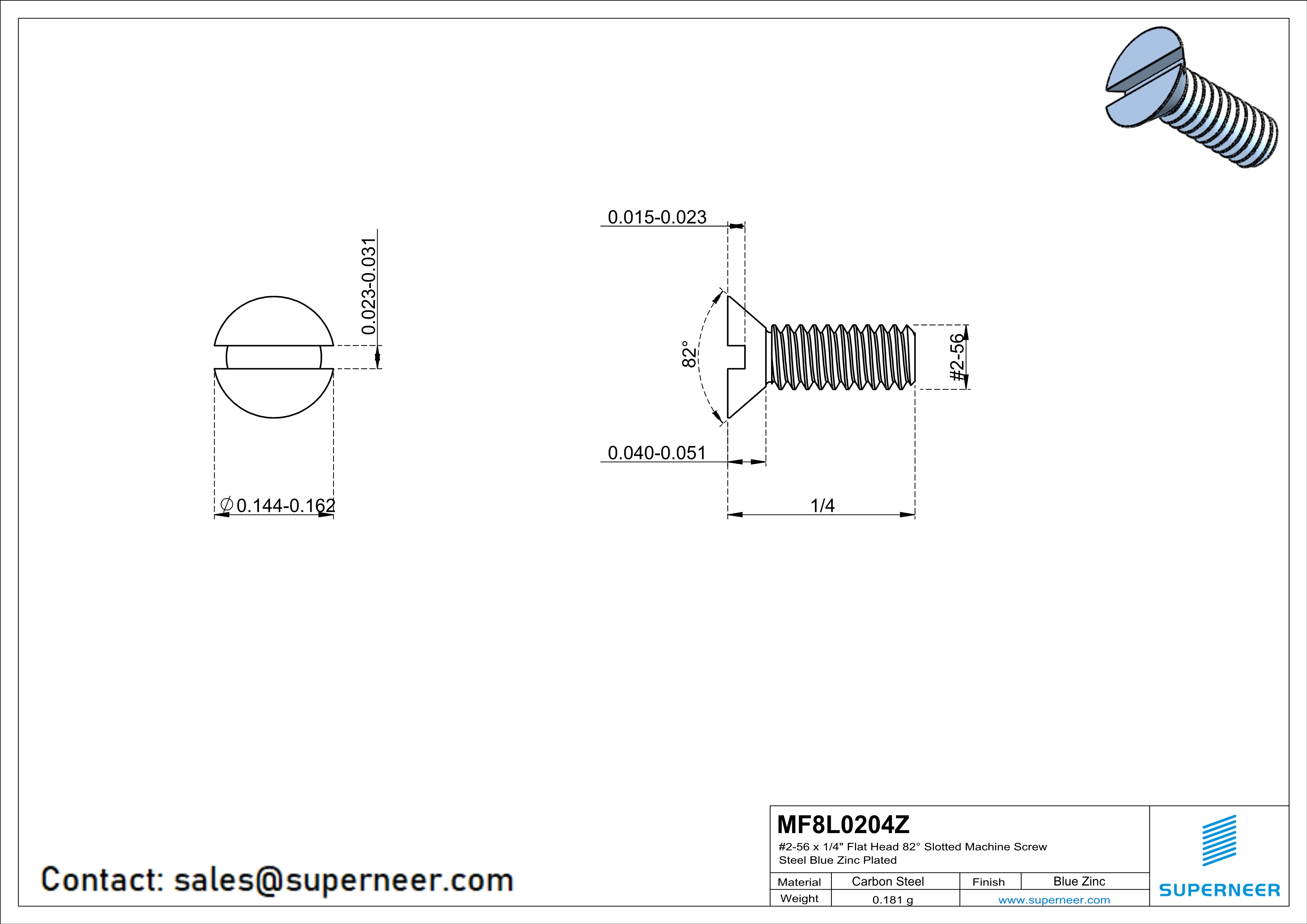 2-56 x 1/4" Flat Head 82° Slotted Machine Screw Steel Blue Zinc Plated