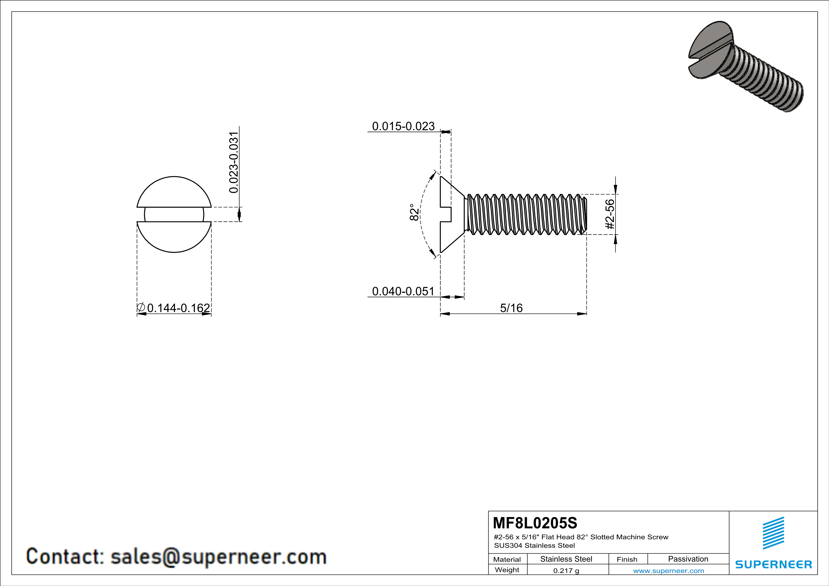 2-56 x 5/16" Flat Head 82° Slotted Machine Screw SUS304 Stainless Steel Inox